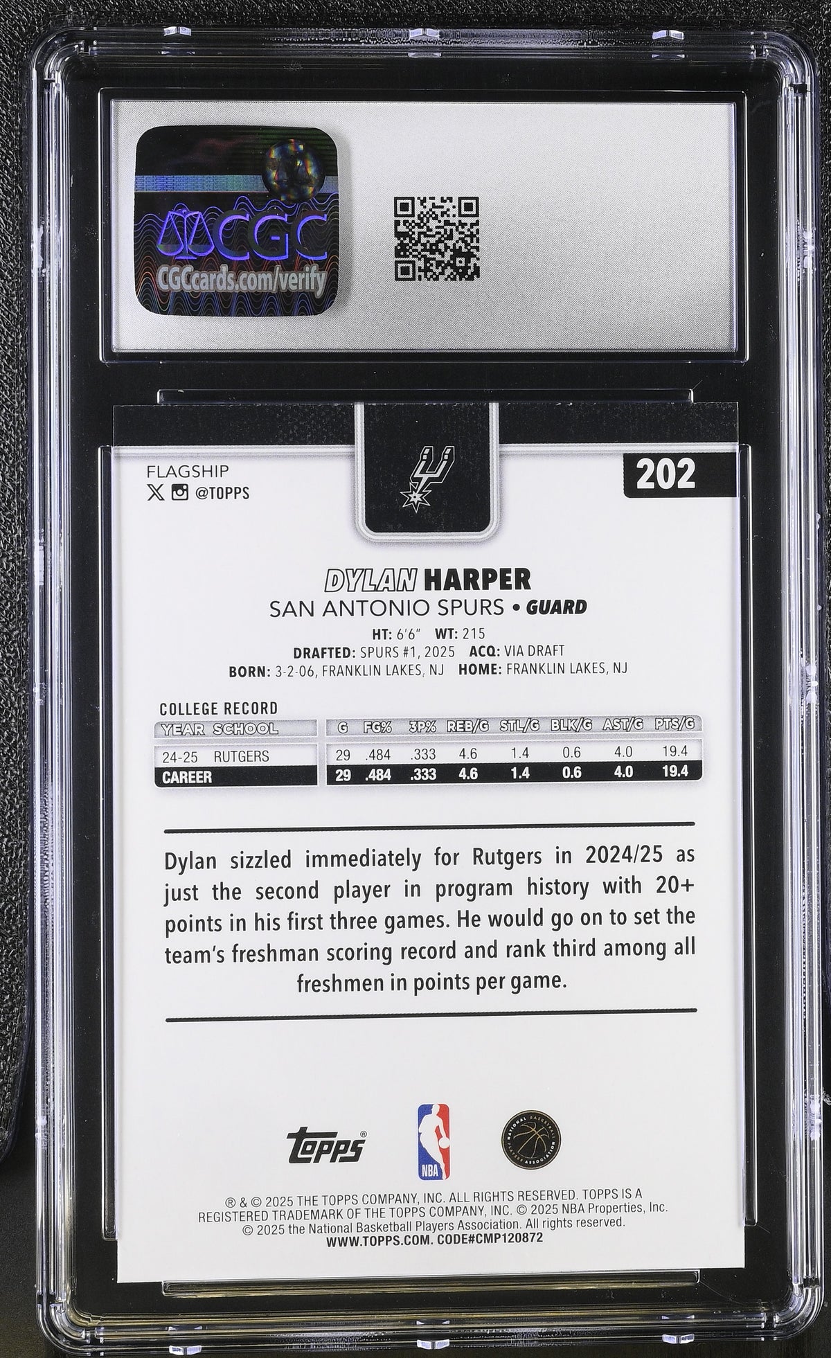 2025-26 Topps Dylan Harper Rookie #202 CGC 9.5 San Antonio Spurs