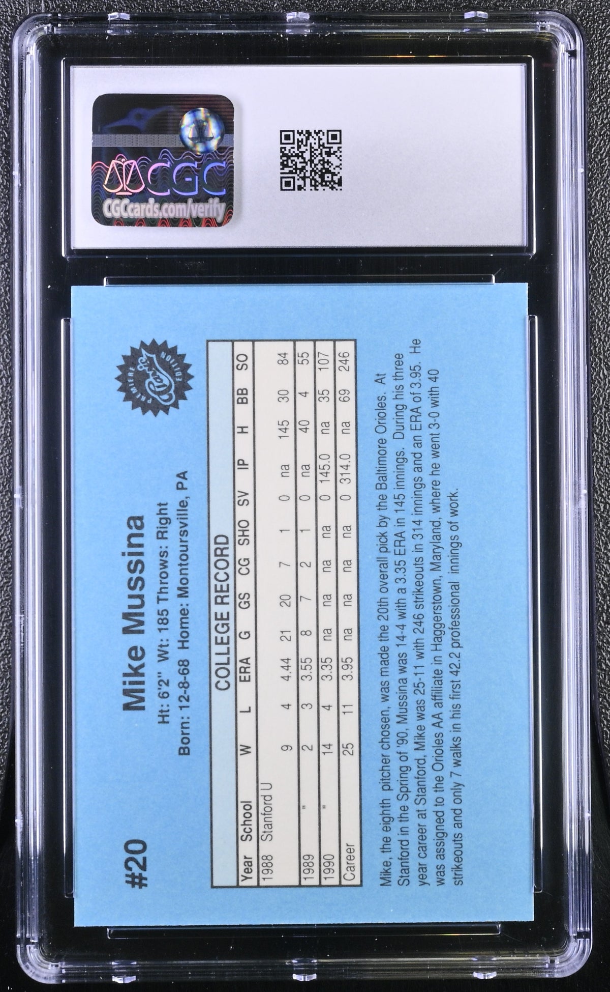 1990 Classic Draft Picks Mike Mussina Rookie #20 CGC 9.5 Stanford Cardinal