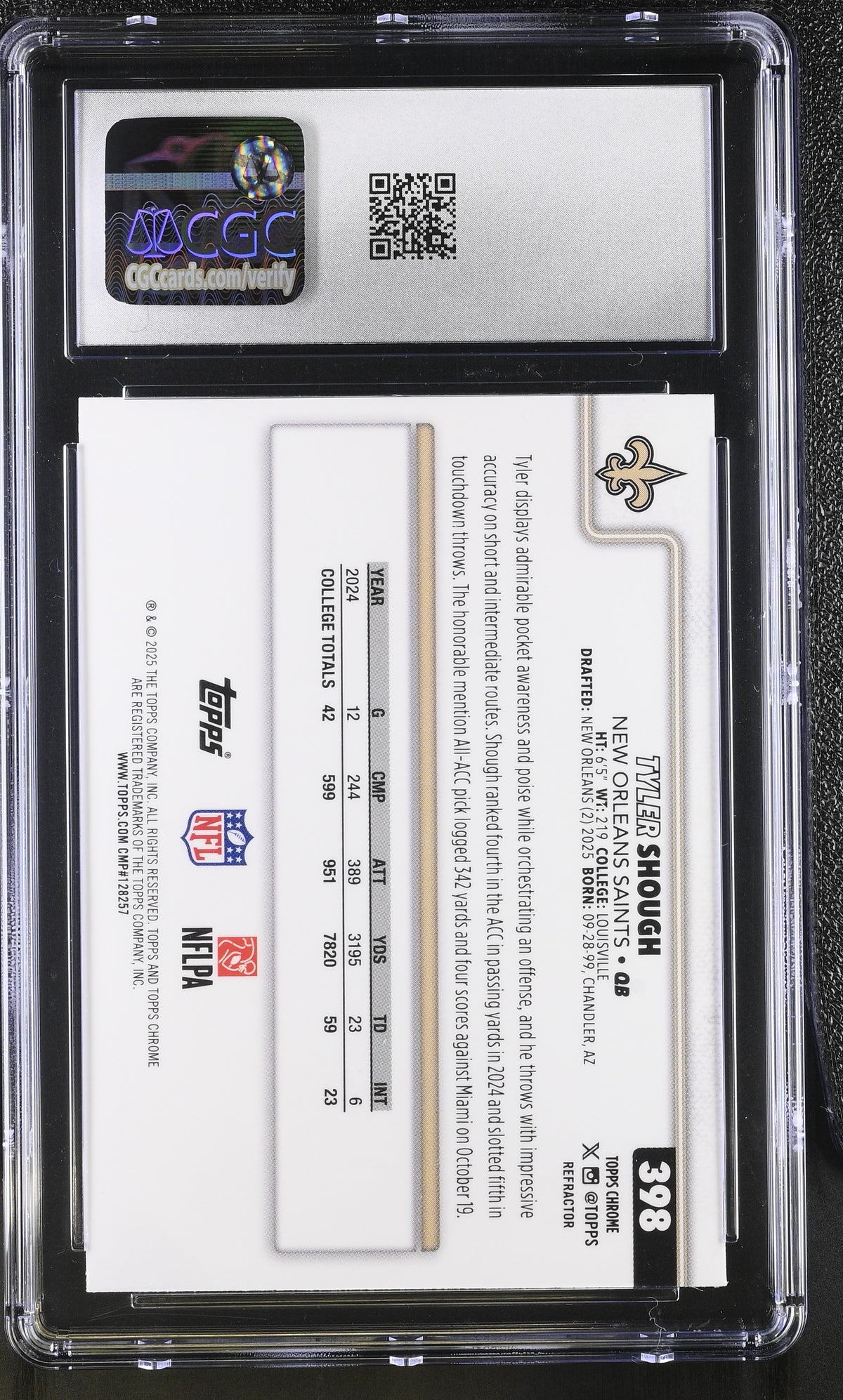 2025 Topps Chrome Tyler Shough Refractor Rookie #398 CGC 10 New Orleans Saints
