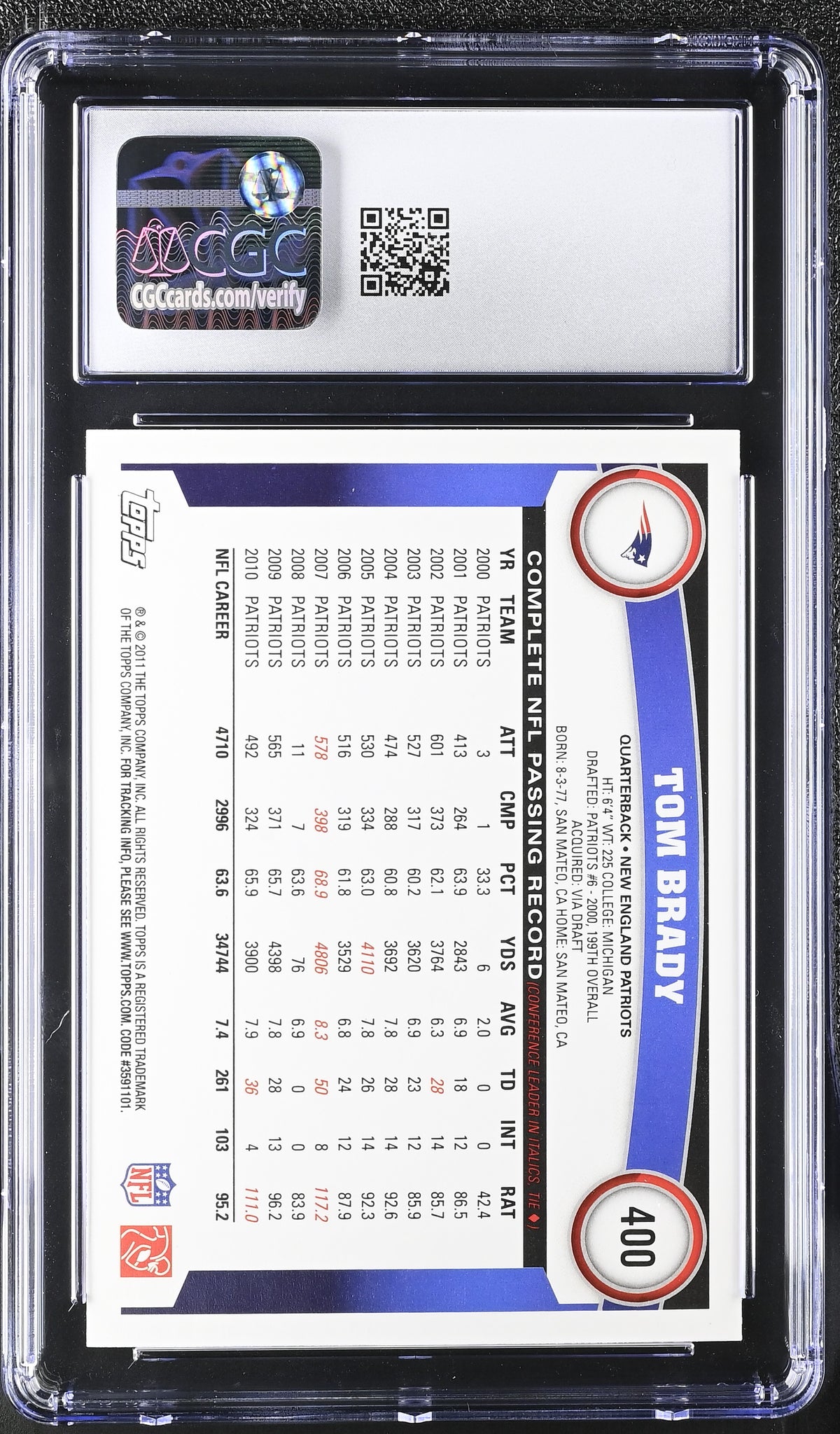 2011 Topps Tom Brady #400 CGC 9 New England Patriots