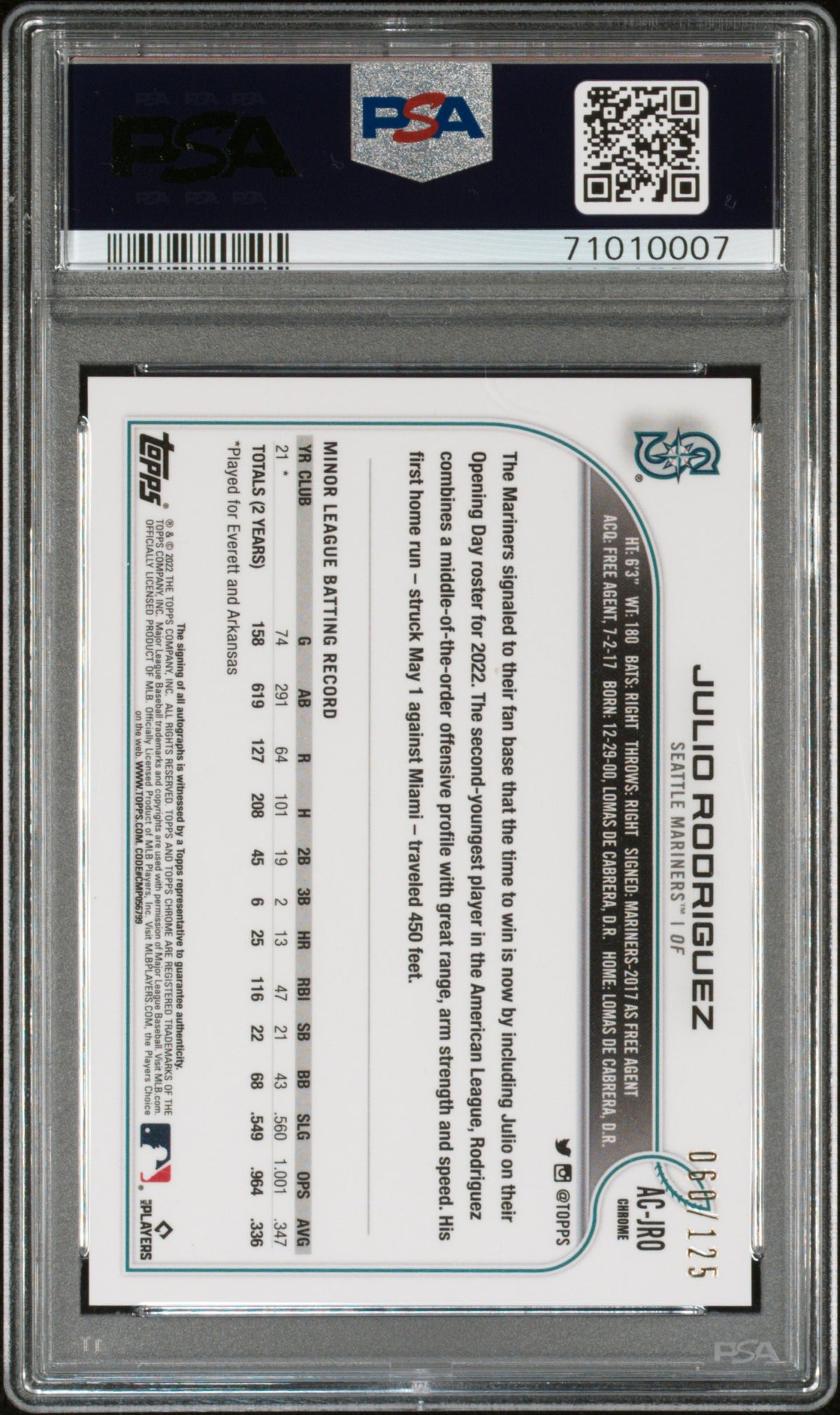 2022 Topps Chrome Update Auto Julio Rodriguez X Fractor /125 Rookie ACJRO PSA 10
