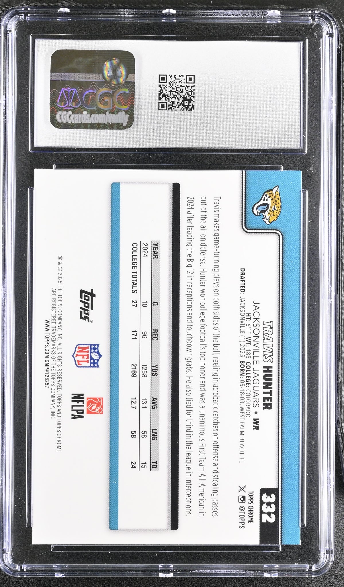 2025 Topps Chrome Travis Hunter Aqua Refractor /199 Rookie #332 CGC 9 Jaguars