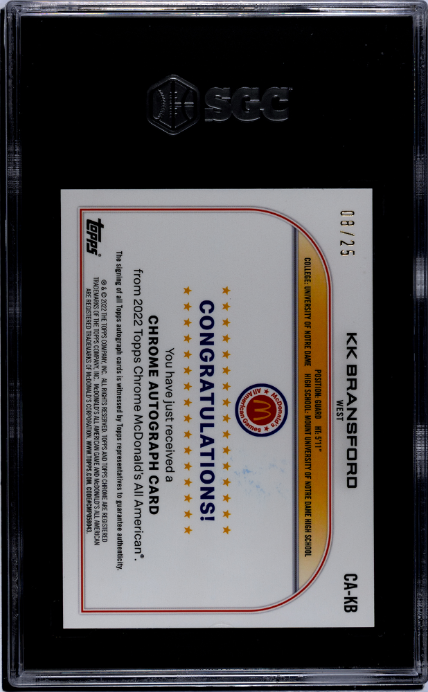 2022 Topps Chrome Mcdonald's KK Bransford Autograph Orange 25 #CA-KB SGC 8.5