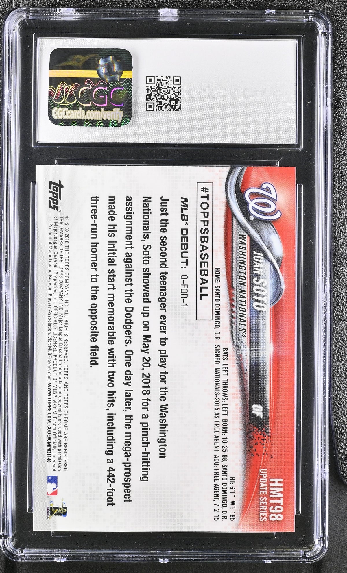 2018 Topps Chrome Update Juan Soto Rookie #HMT98 CGC 10 Washington Nationals