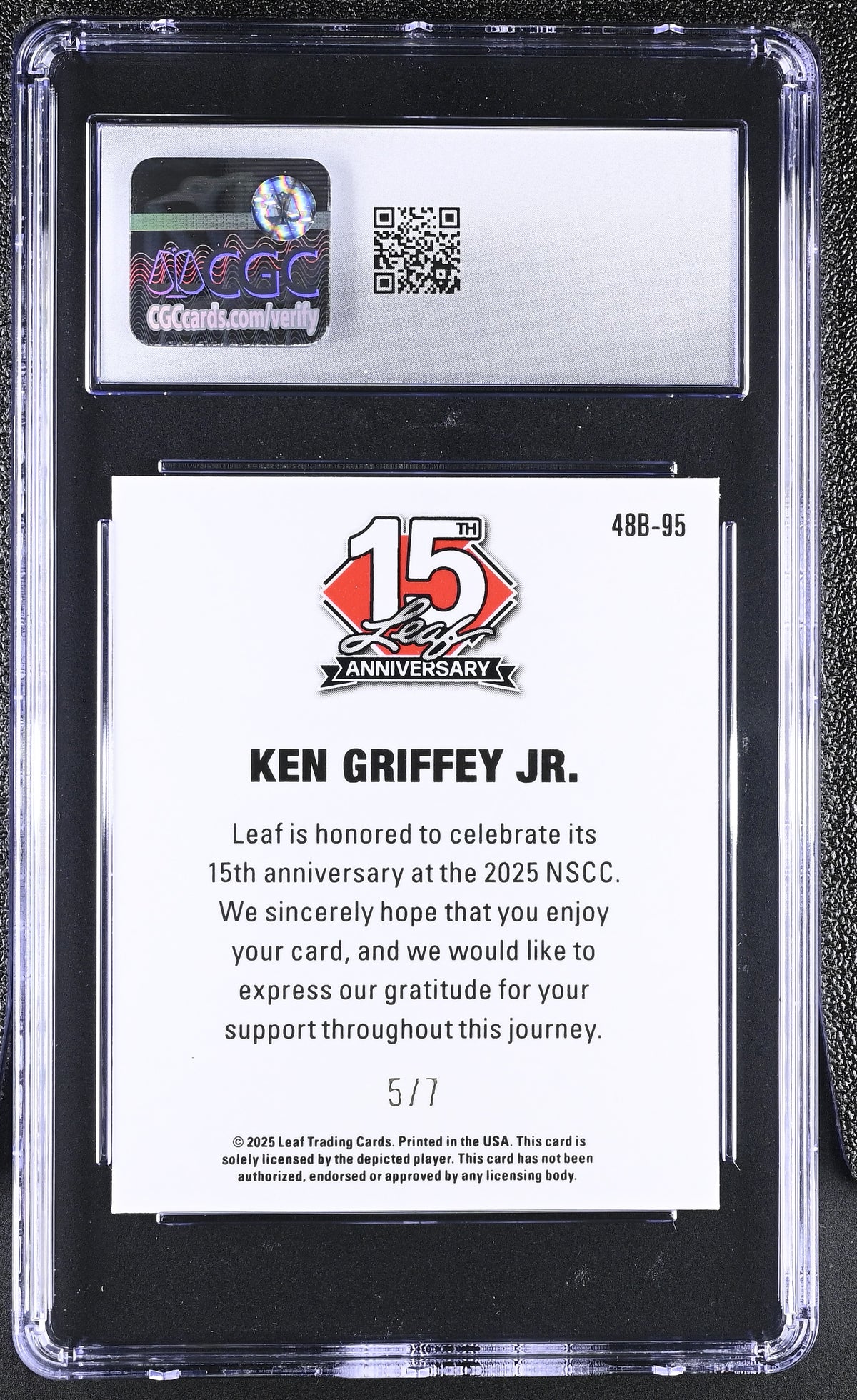 2025 Leaf 15th Anniversary Ken Griffey Jr Purple Shimmer /7 '48 CGC 9 Mariners