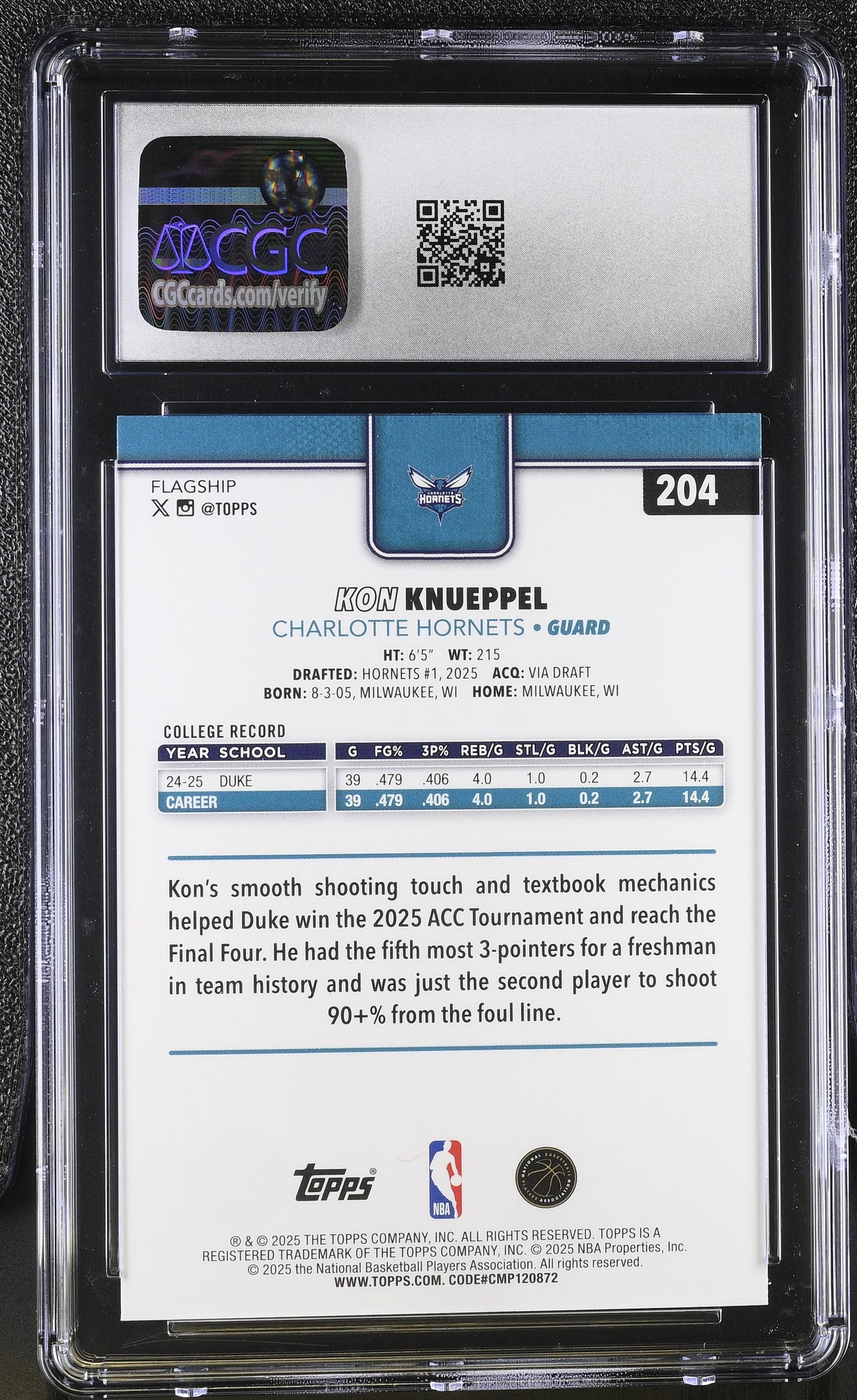 2025-26 Topps Kon Knueppel Rookie #204 CGC 9.5 Charlotte Hornets
