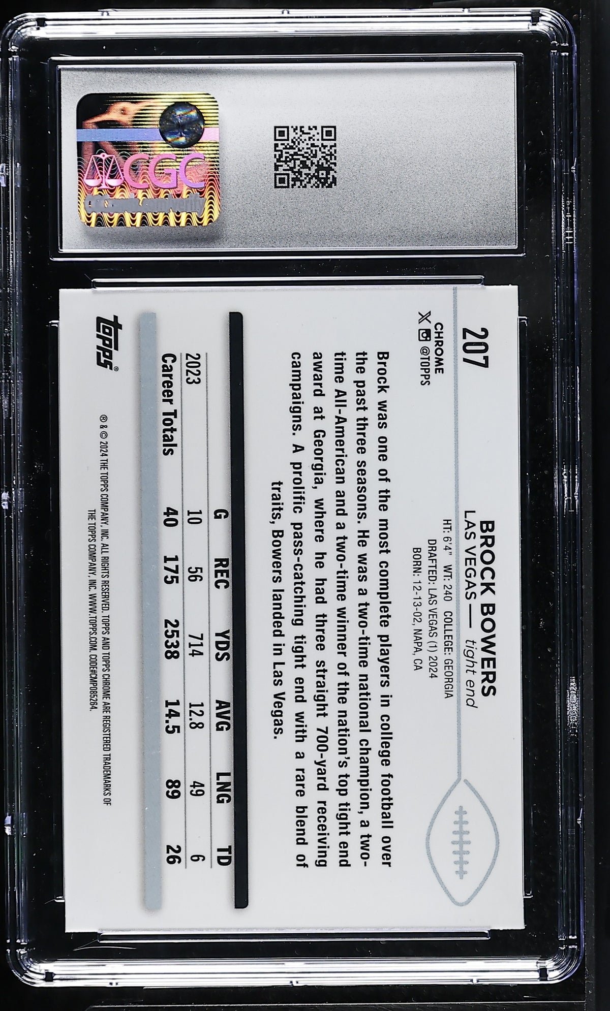 2024 Topps Chrome Brock Bowers Green Sonar /99 Rookie #207 CGC 9 Raiders