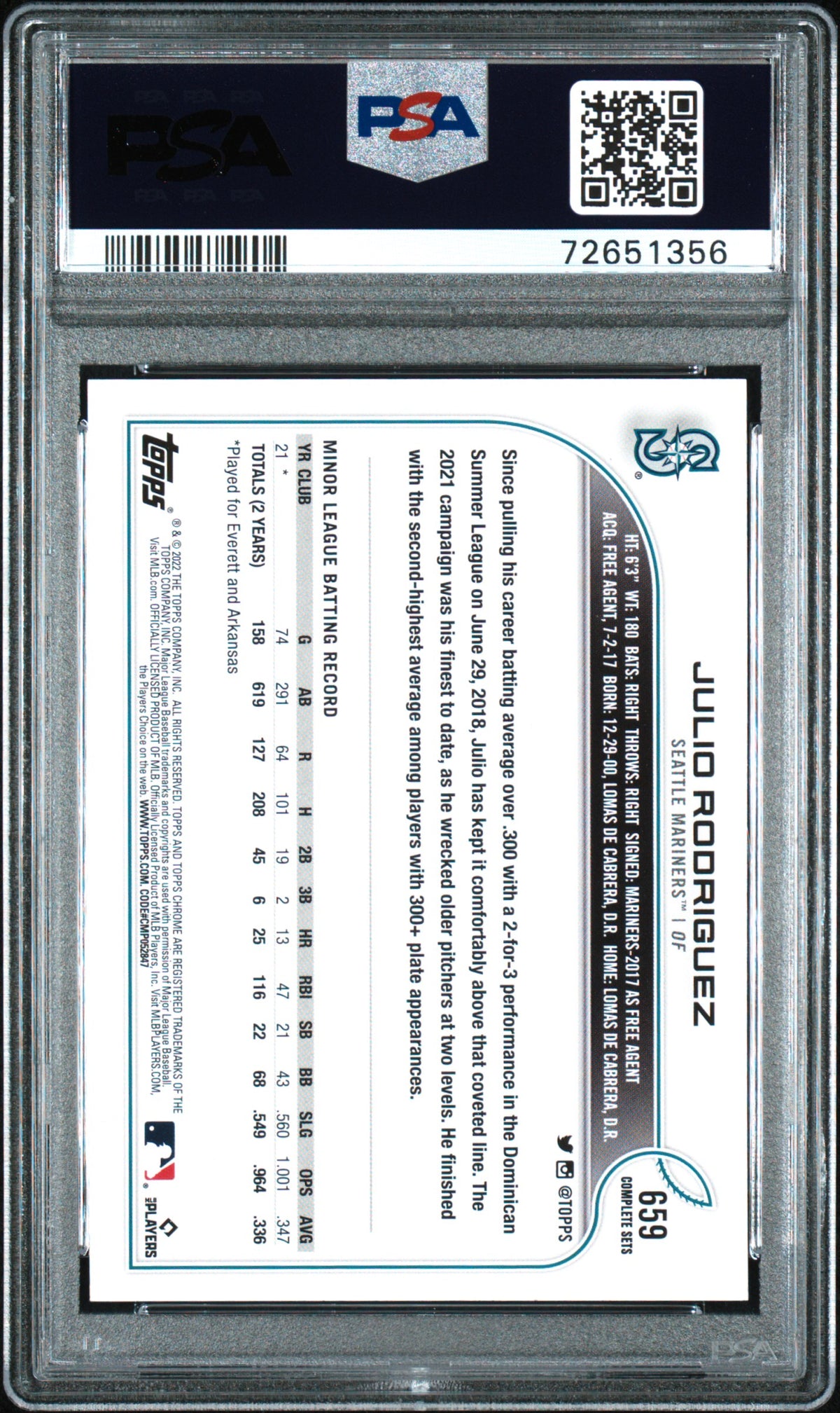 2022 Topps Complete Set Julio Rodriguez #659 Variation PSA 8