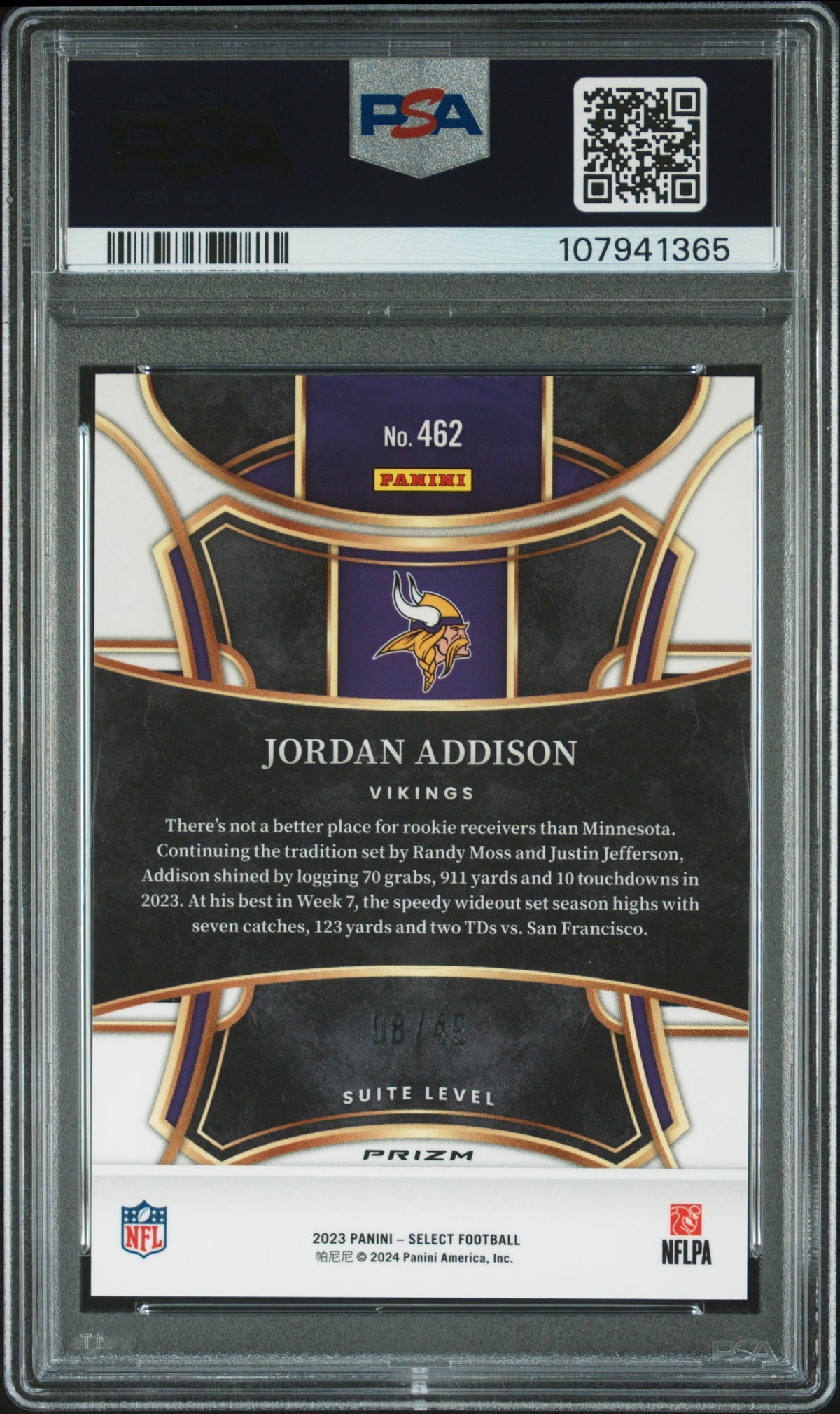 2023 Panini Select Jordan Addison Red Disco Prizm /49 Rookie #462 PSA 10 Vikings
