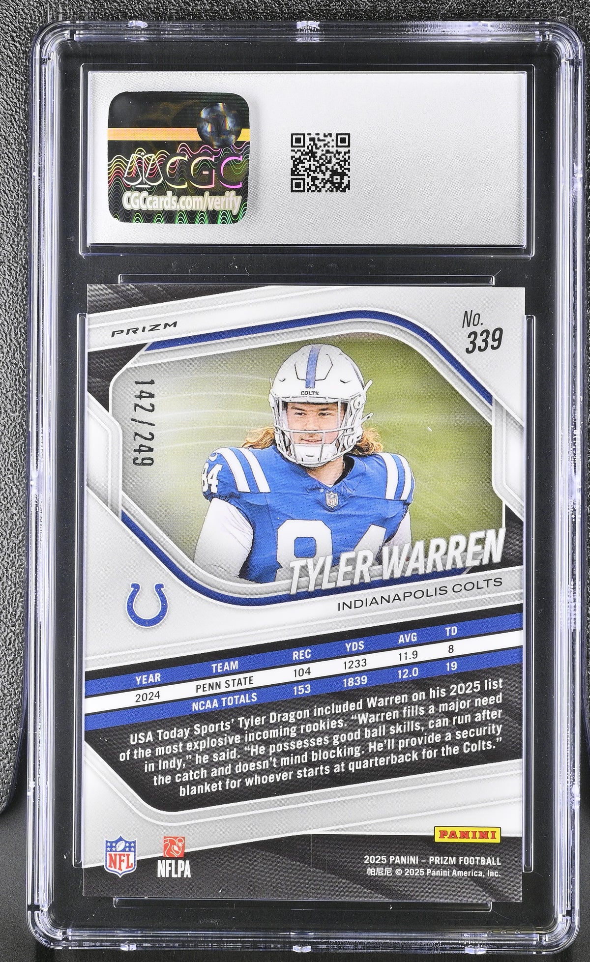 2025 Panini Prizm Tyler Warren Orange /249 Rookie #339 CGC 10 Indianapolis Colts