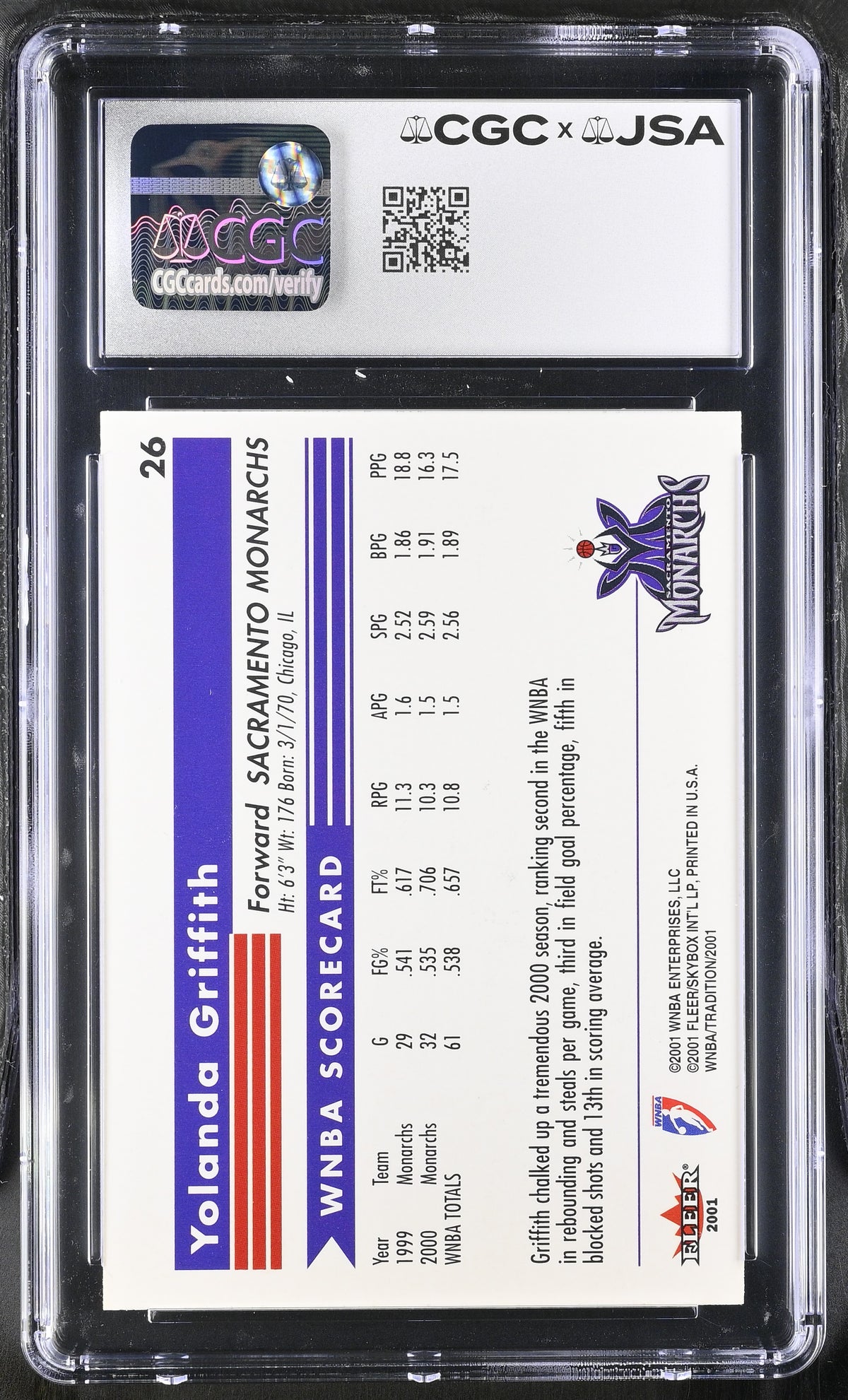 2001 Fleer Tradition WNBA Yolanda Griffith Auto Autograph CGC Authentic Monarchs