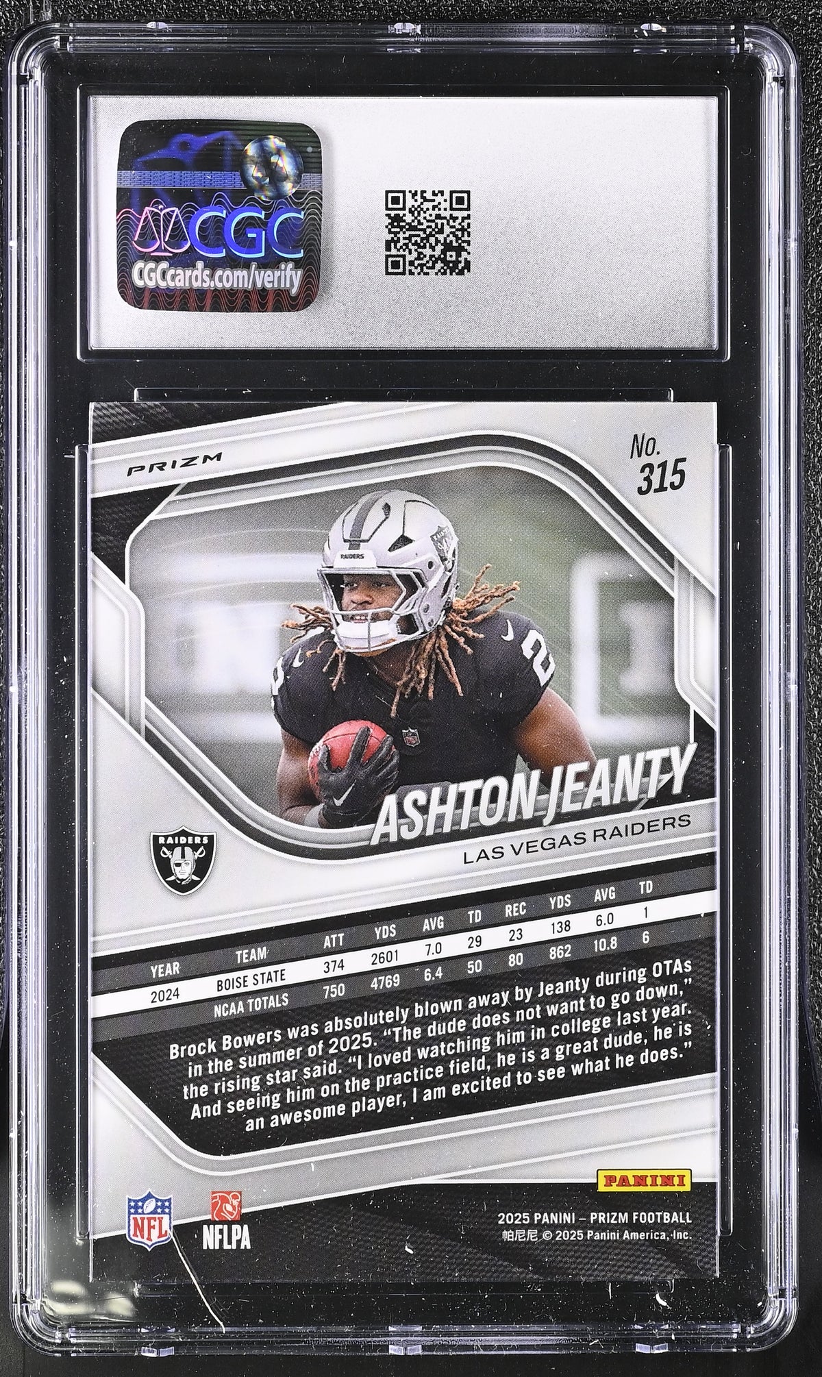 2025 Panini Prizm Ashton Jeanty Silver Rookie #315 CGC 9 Las Vegas Raiders