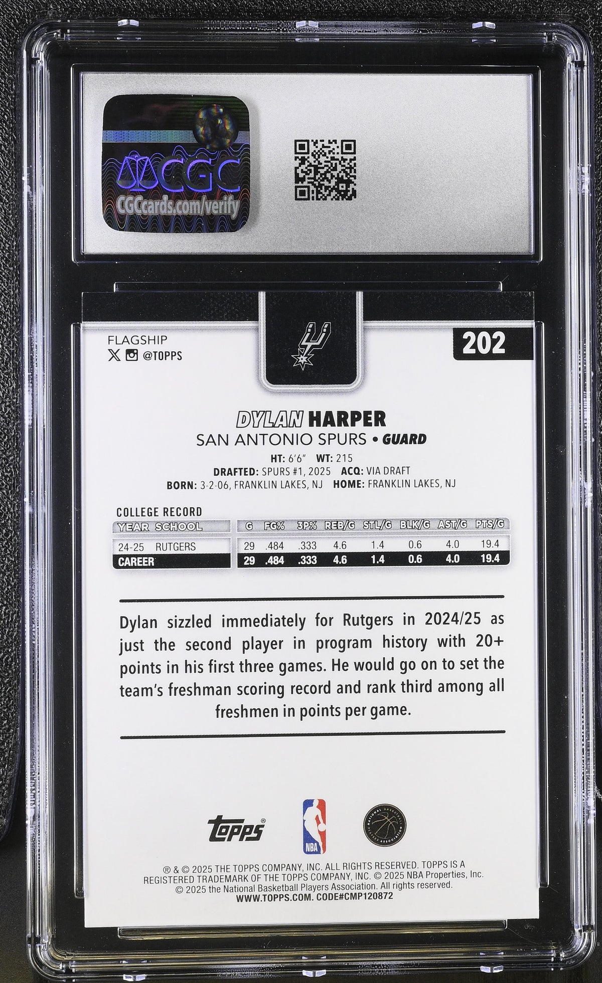 2025-26 Topps Dylan Harper Rookie #202 CGC 9.5 San Antonio Spurs