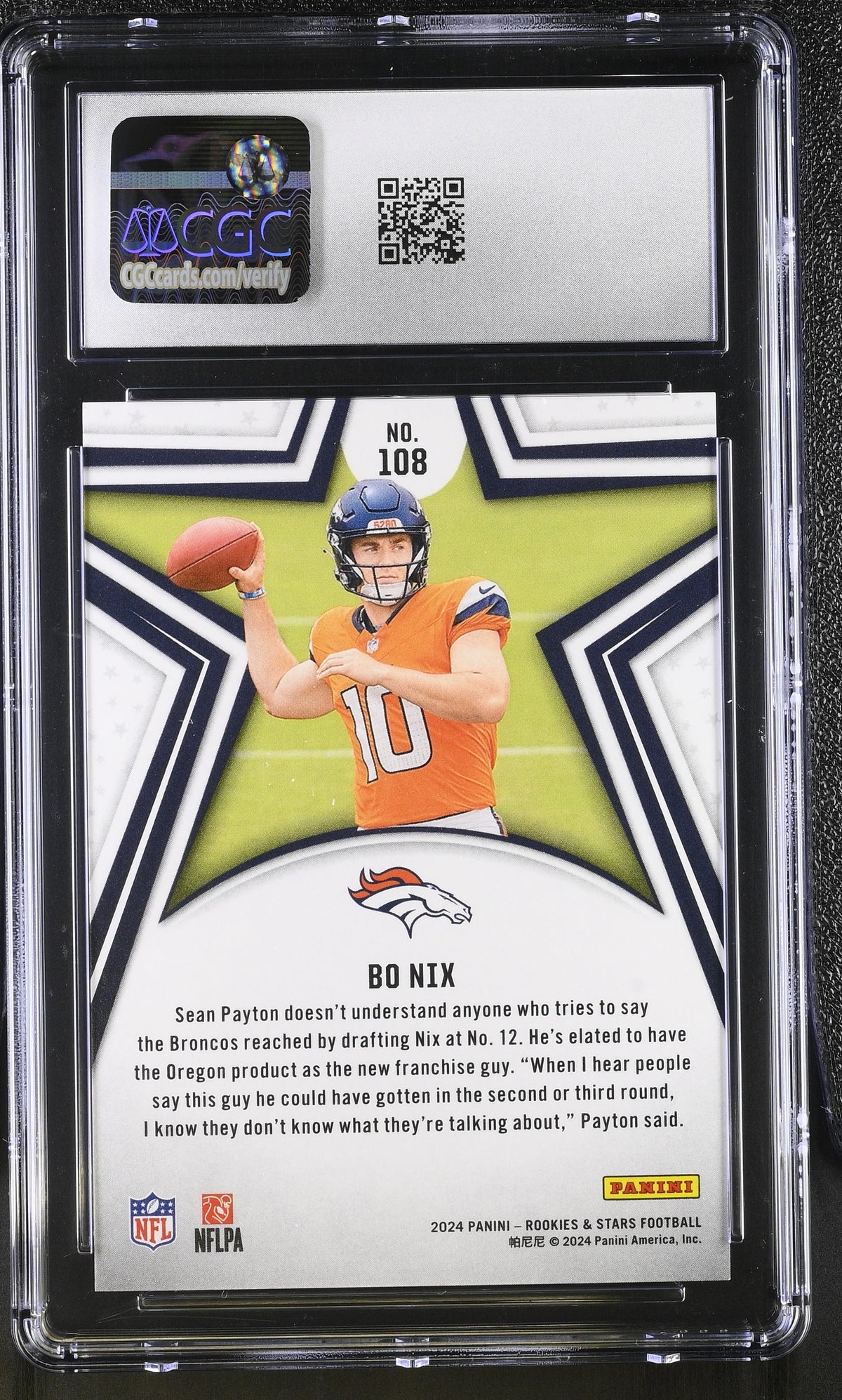 2024 Panini Rookies & Stars Bo Nix True Blue /149 Rookie #108 CGC 10 Broncos
