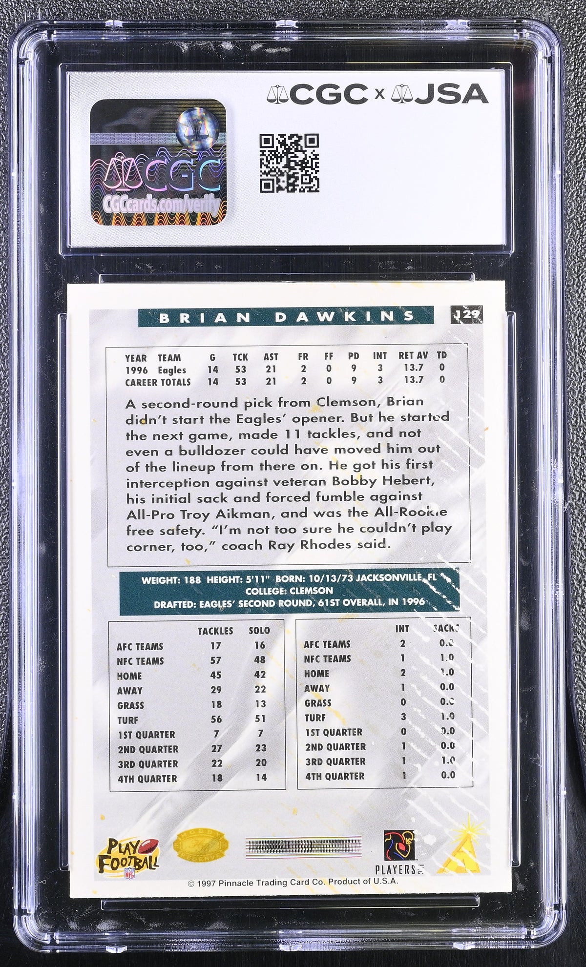 1997 Score Brian Dawkins Auto Autograph Hobby Reserve #129 CGC Authentic Eagles