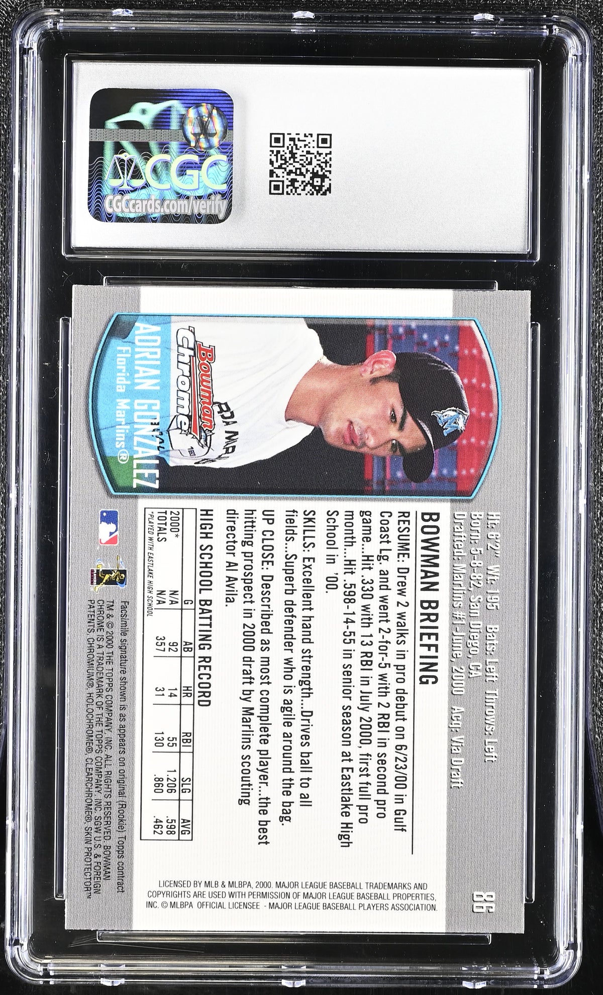 2000 Bowman Chrome Adrian Gonzalez Rookie D.P. & Prospects #86 CGC 10 Marlins
