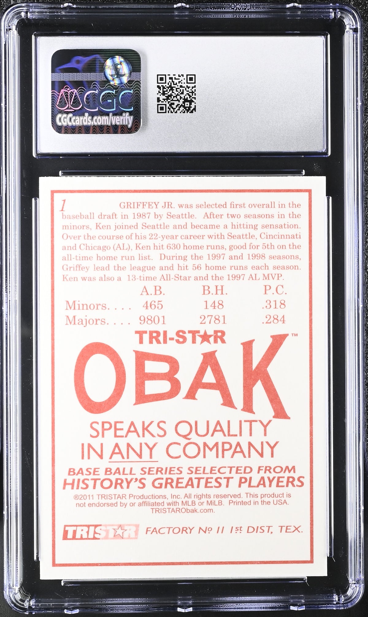 2011 Tristar Obak Ken Griffey Jr. #1 CGC 10 Seattle Mariners