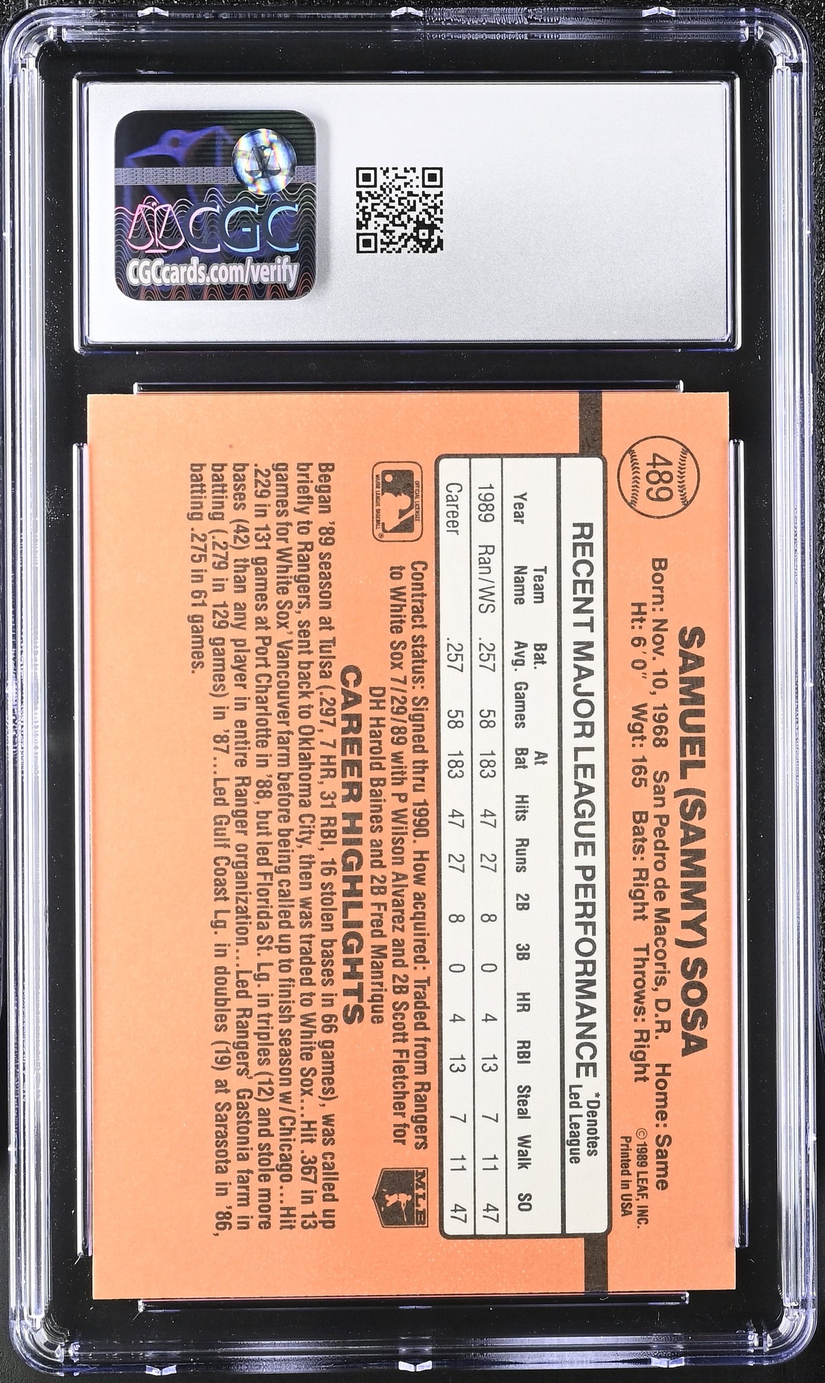 1990 Donruss Sammy Sosa #489 CGC 9.5