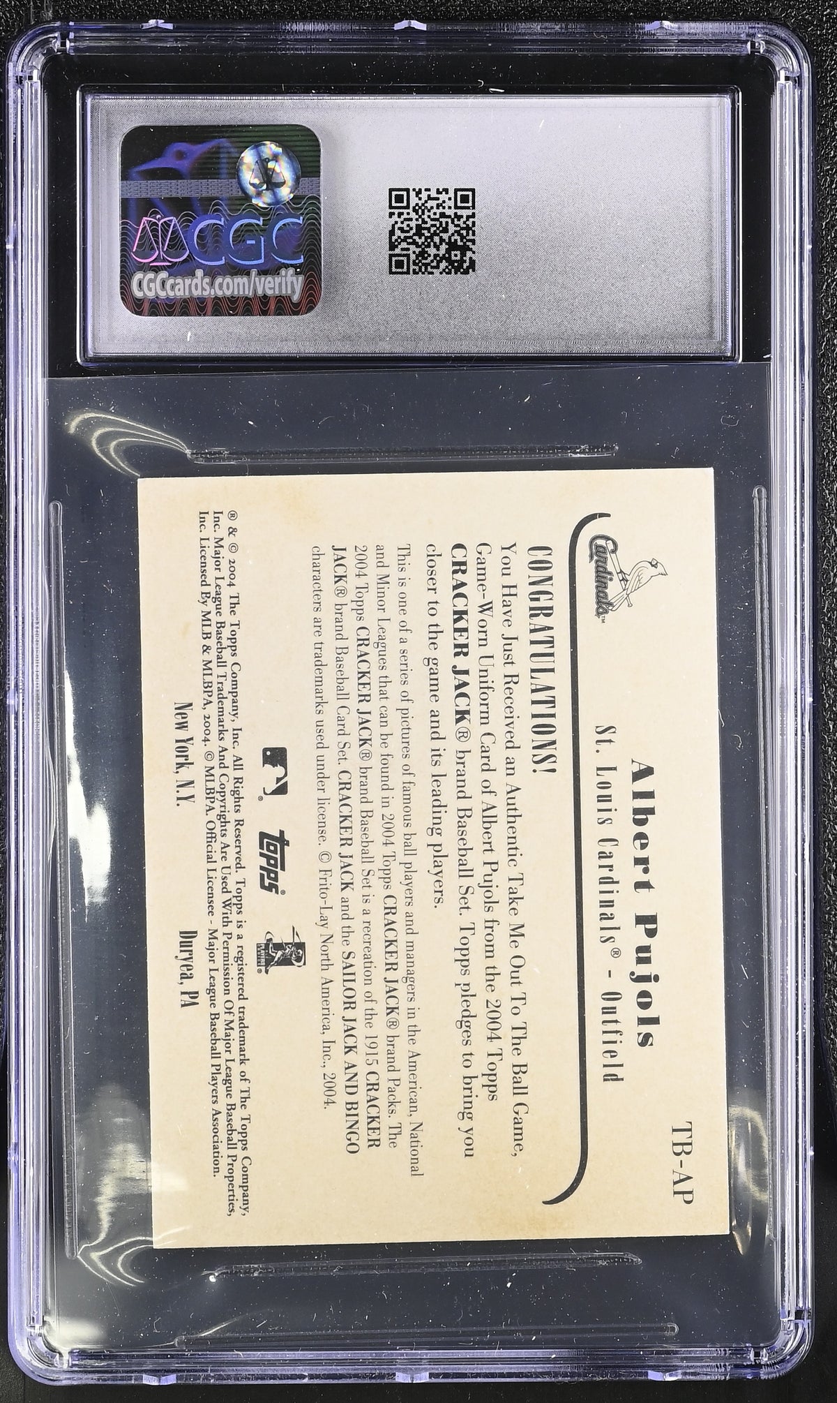 2004 Topps Cracker Jack Albert Pujols Take Me Out Relic #TB-AP CGC 9.5 Cardinals