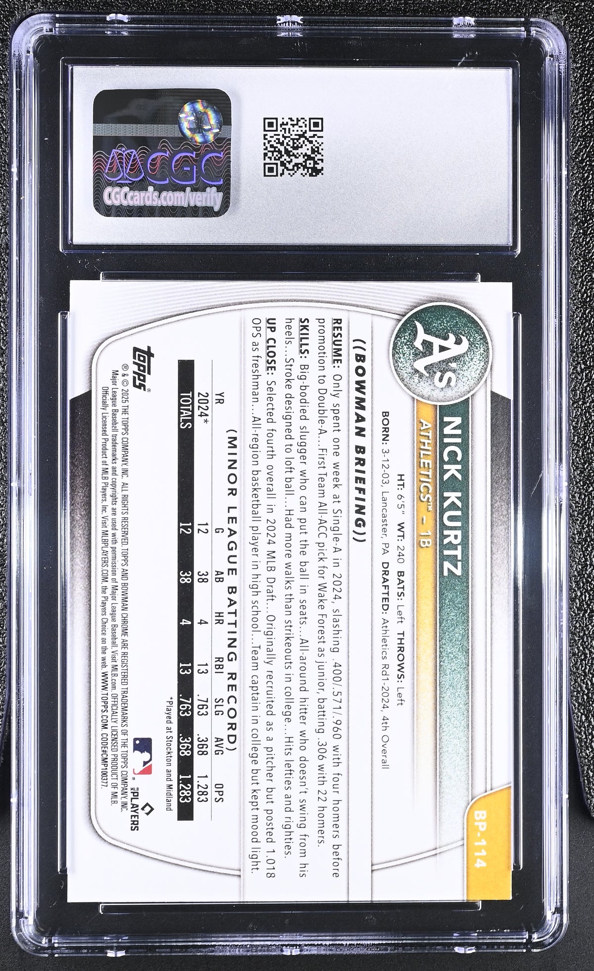 2025 Bowman Nick Kurtz Rookie Prospects #BP-114 CGC 10 Oakland Athletics