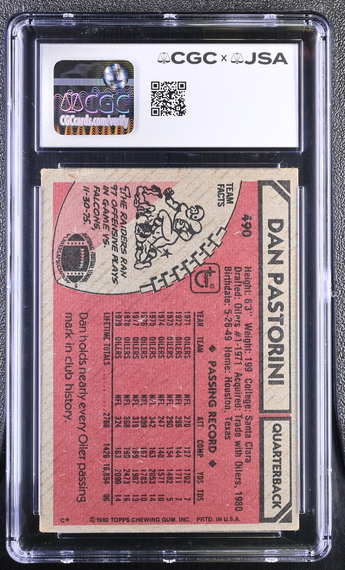 1980 Topps Dan Pastorini #490 CGC Authentic JSA