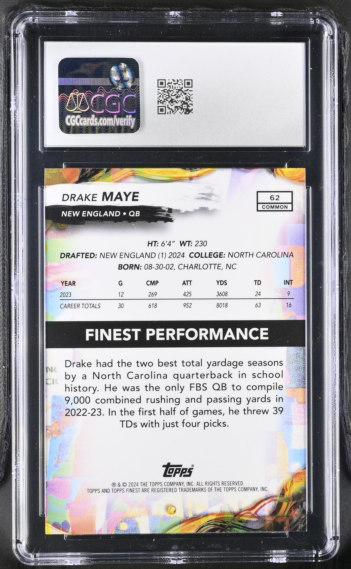 2024 Topps Finest Drake Maye Rookie #62 CGC 10 New England Patriots