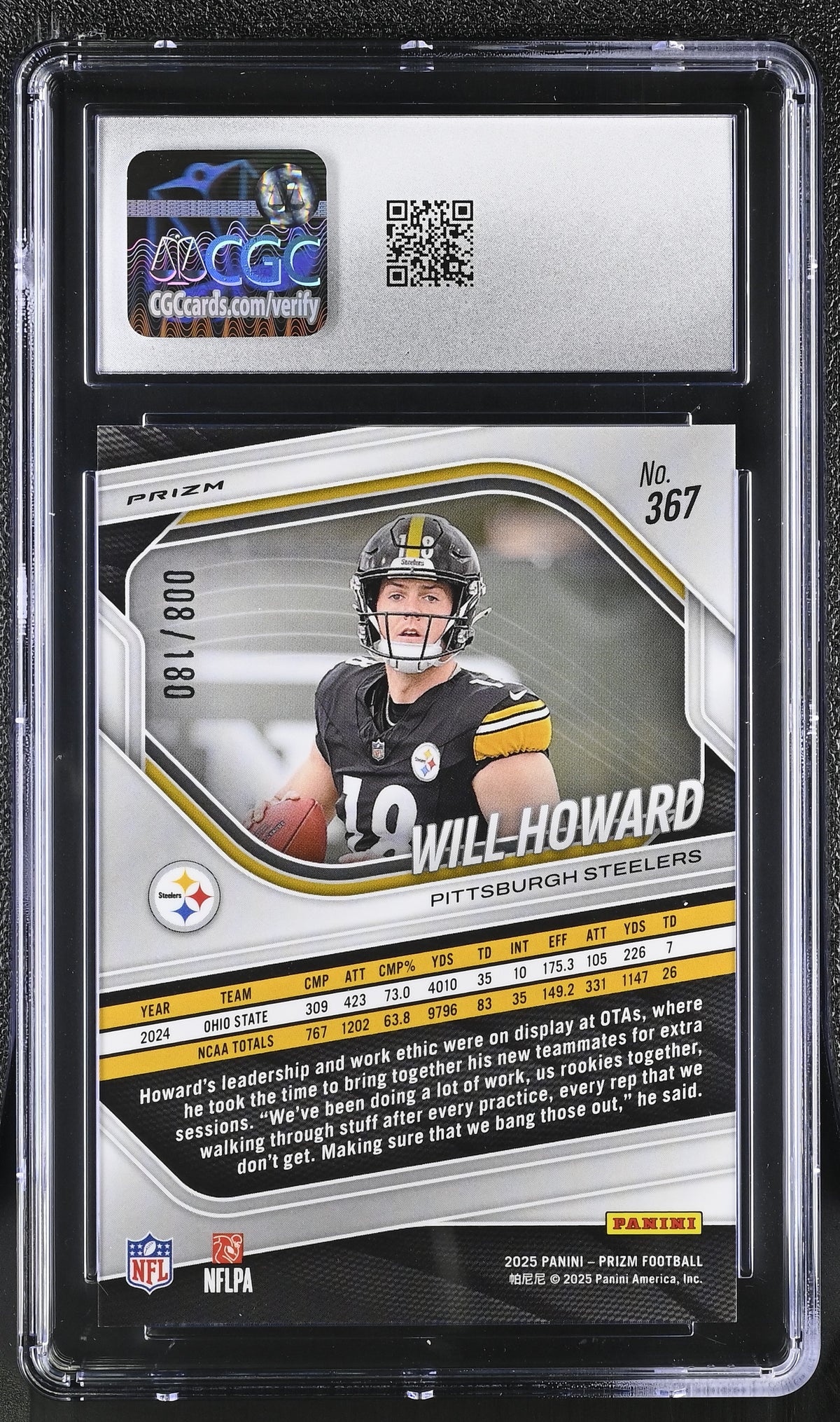 2025 Panini Prizm Will Howard Pigskin /180 Rookie 367 CGC 10 Pittsburgh Steelers