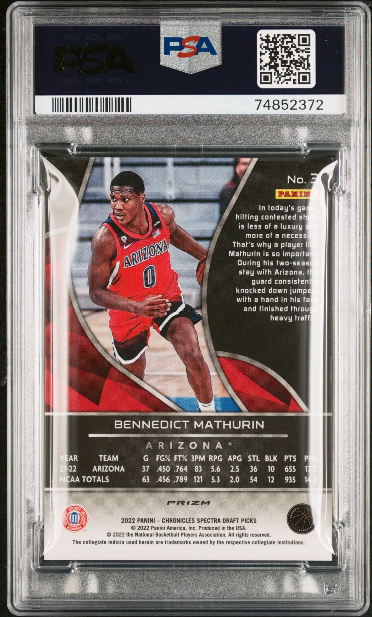 2022 Panini Chronicles Draft Picks Spectra Bennedict Mathurin #3 PSA 9