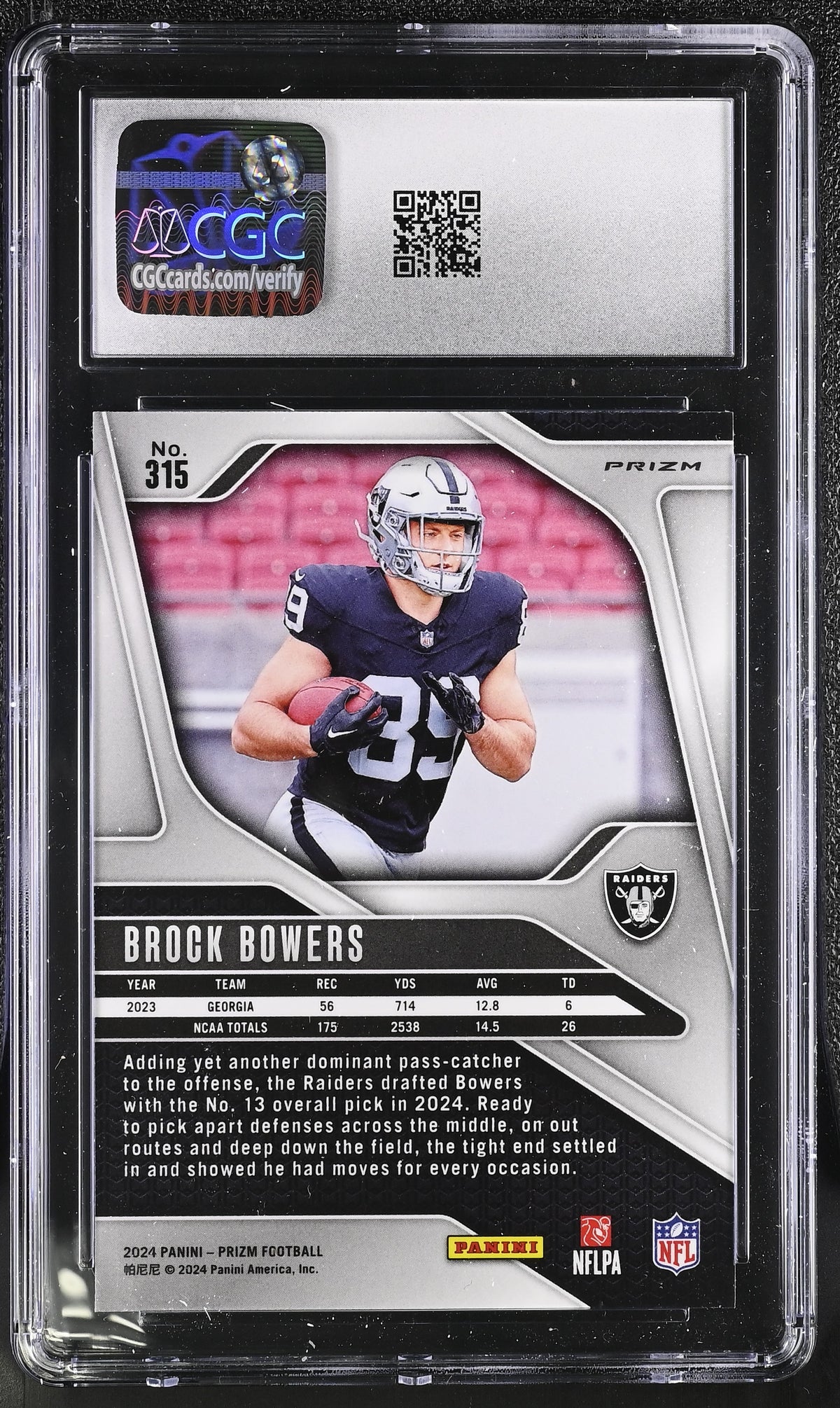 2024 Panini Prizm Brock Bowers Neon Green Pulsar Rookie #315 CGC 9.5 Raiders