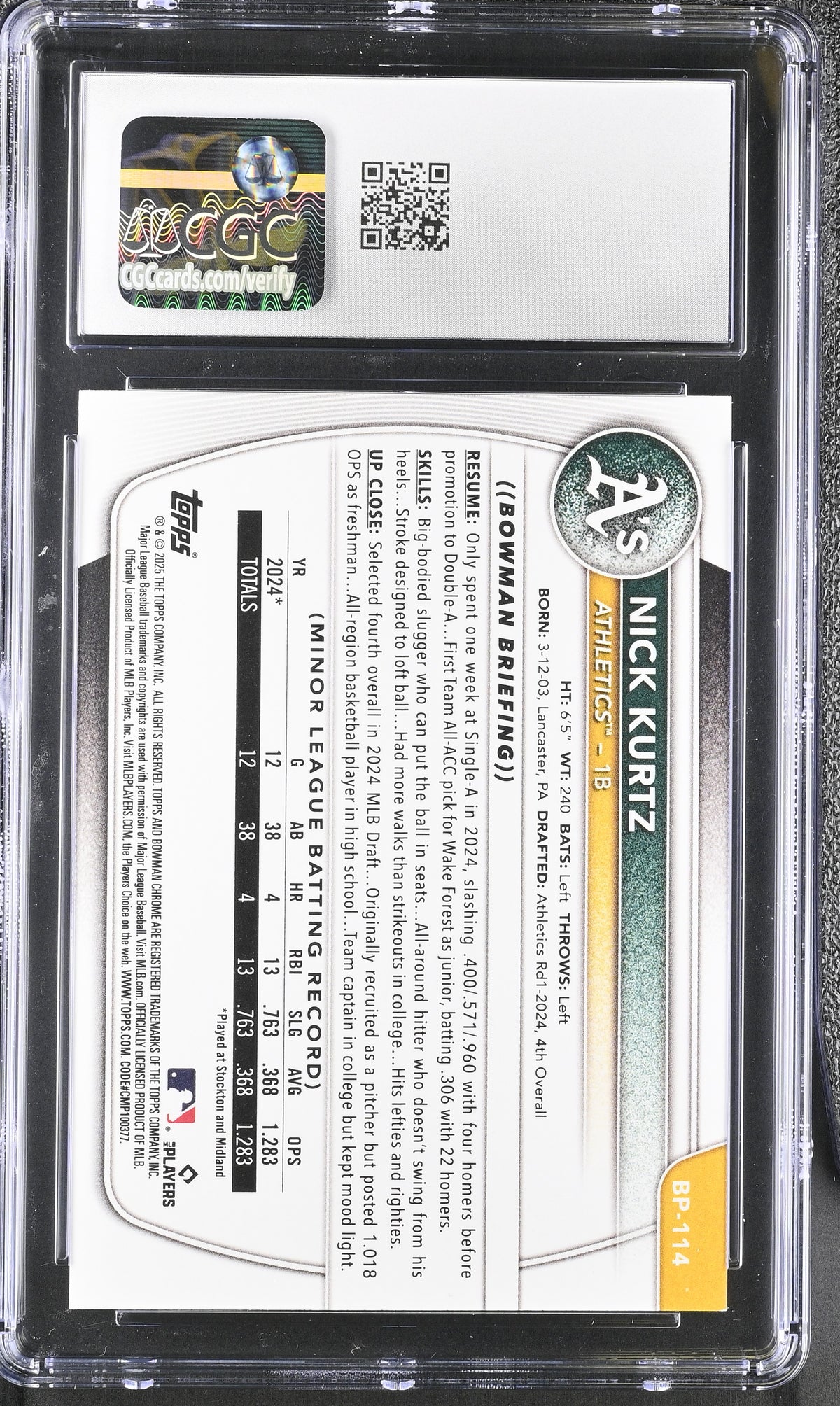 2025 Bowman Nick Kurtz Prospects #BP-114 CGC 10