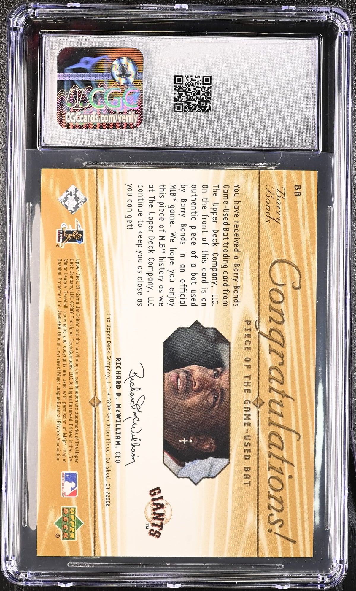 2001 SP Game Bat Barry Bonds Piece of the Game #BB CGC 9.5 San Francisco Giants