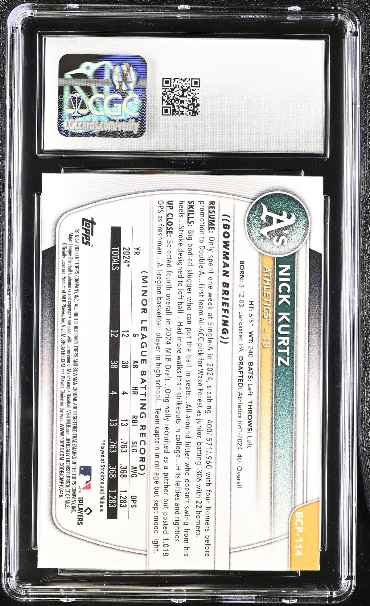2025 Bowman Nick Kurtz Rookie Chrome Prospects #BCP-114 CGC 10 Oakland Athletics