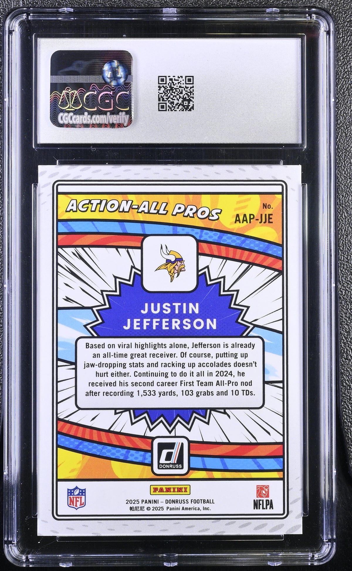 2025 Donruss Justin Jefferson Action-All Pros #AAP-JJE CGC 10 Minnesota Vikings