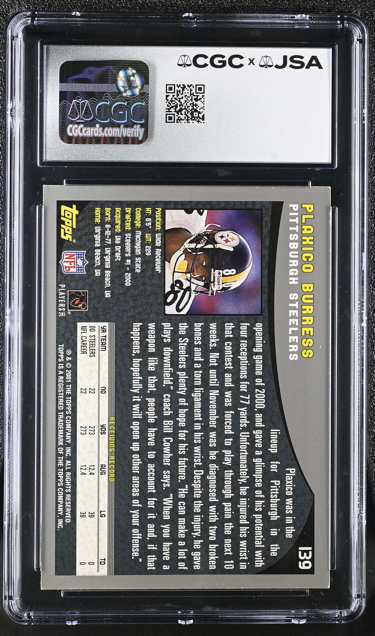 2001 Topps Collection Plaxico Burress Auto Autograph #139 CGC 8 JSA Steelers