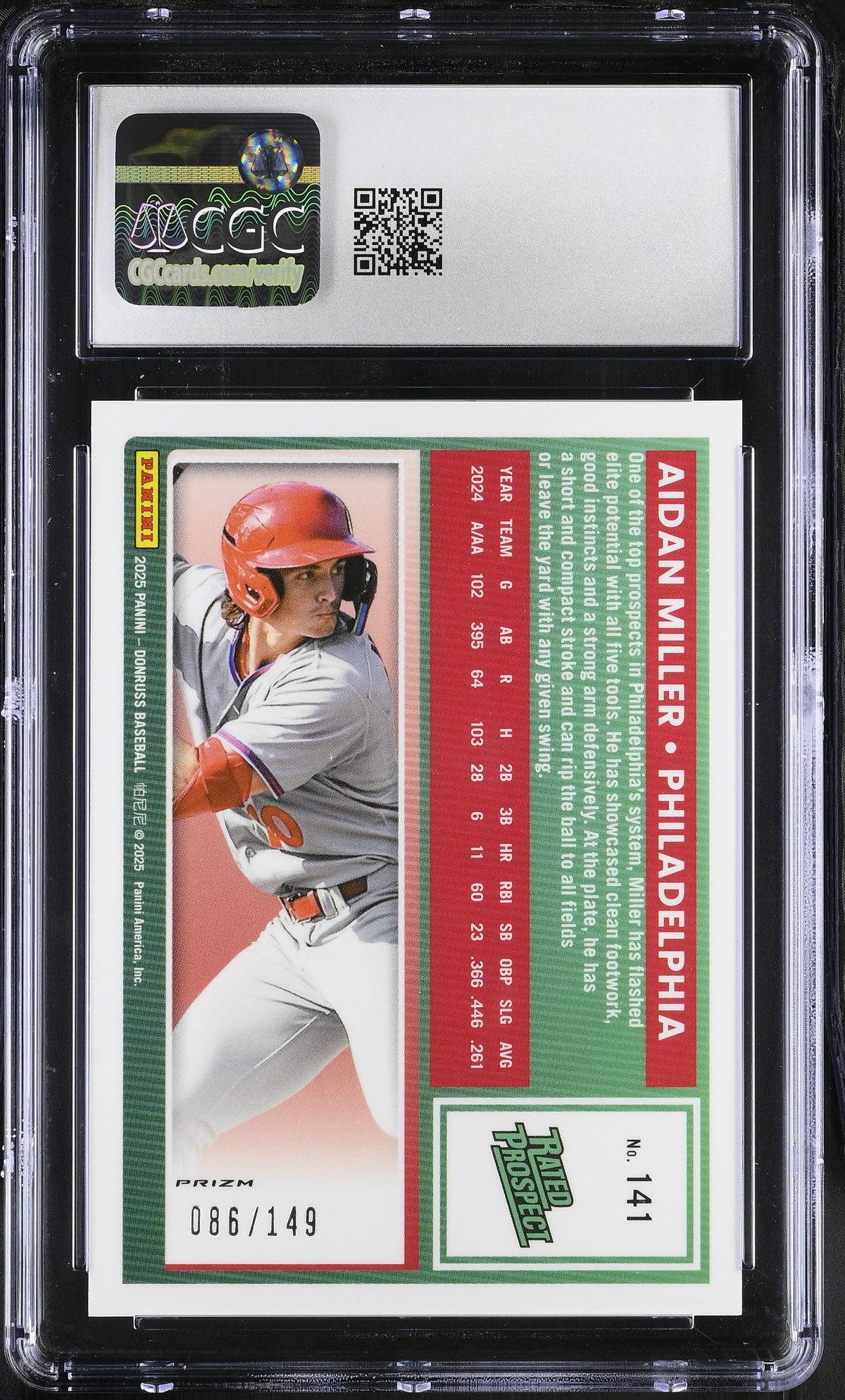 2025 Donruss Aidan Miller Lime Green /149 Rookie Optic #141 CGC 9.5 Phillies