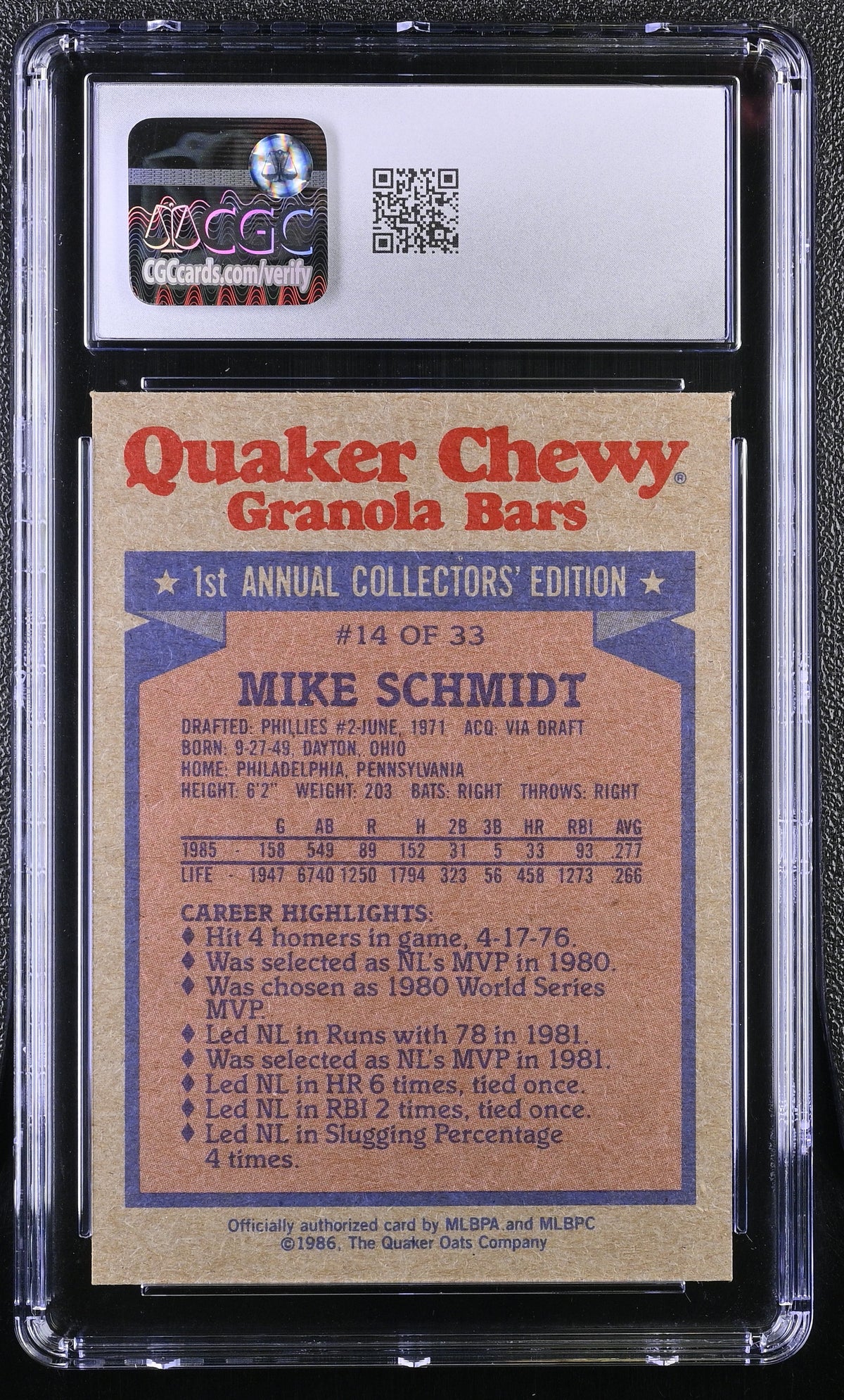 1986 Topps Quaker Granola Mike Schmidt #14 CGC 9.5 Philadelphia Phillies