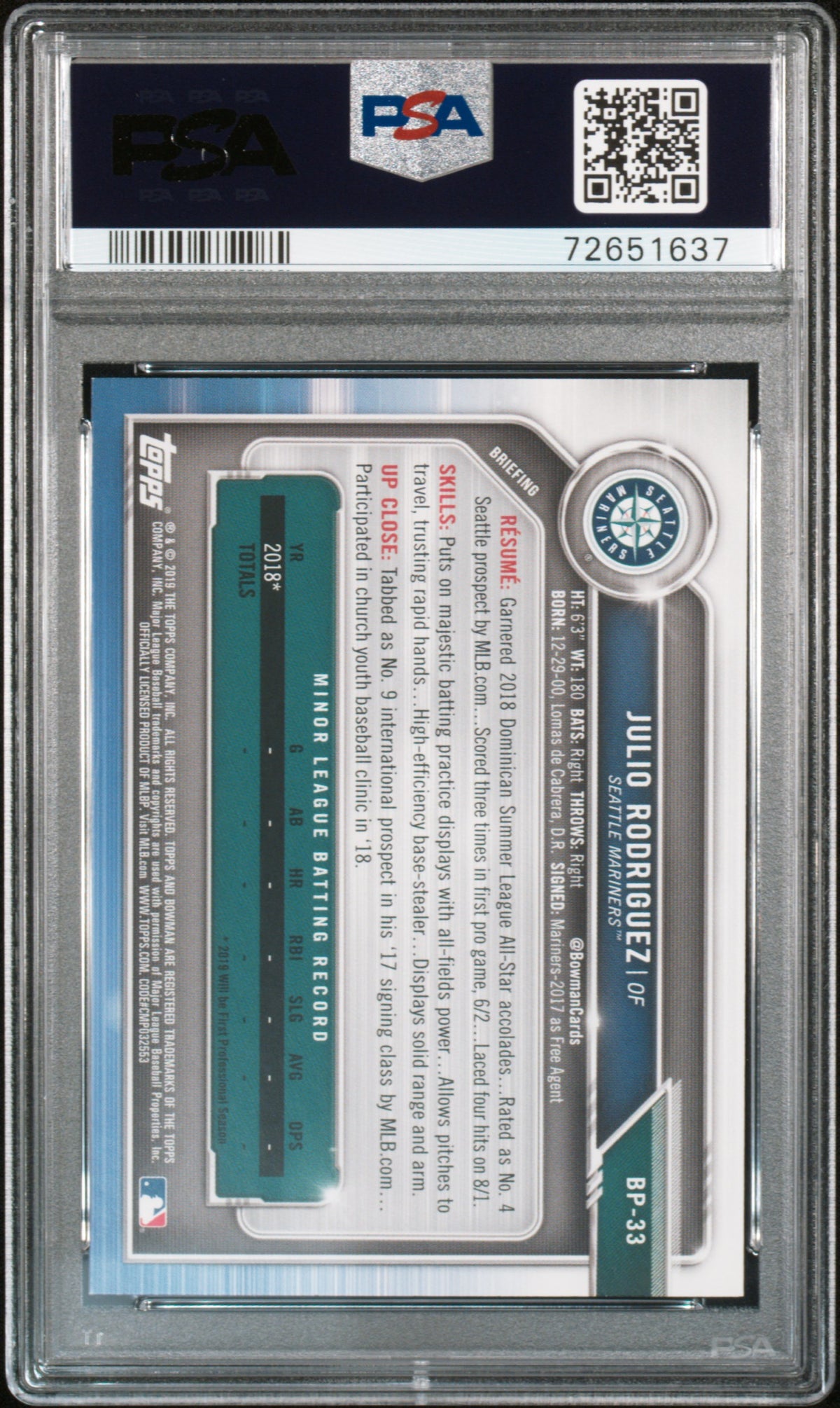 2019 Bowman Paper Prospects Julio Rodriguez Rookie #BP33 PSA 10 Seattle Mariners