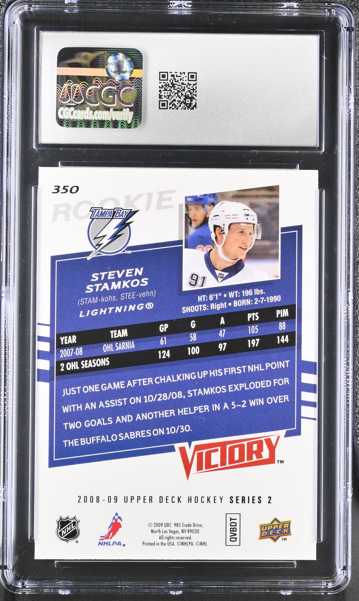 2008-09 Upper Deck Victory Steven Stamkos Rookie #350 CGC 10 Tampa Bay Lightning