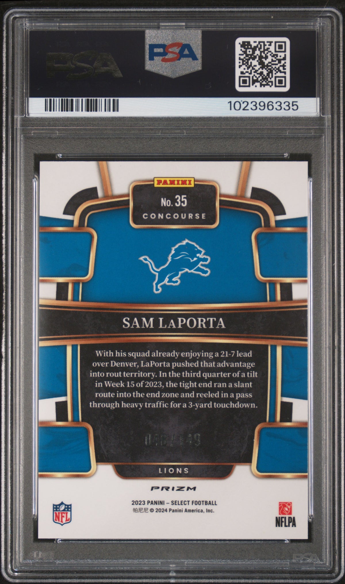2023 Panini Select Sam Laporta Maroon Prizm /149 Rookie #35 PSA 10 Detroit Lions