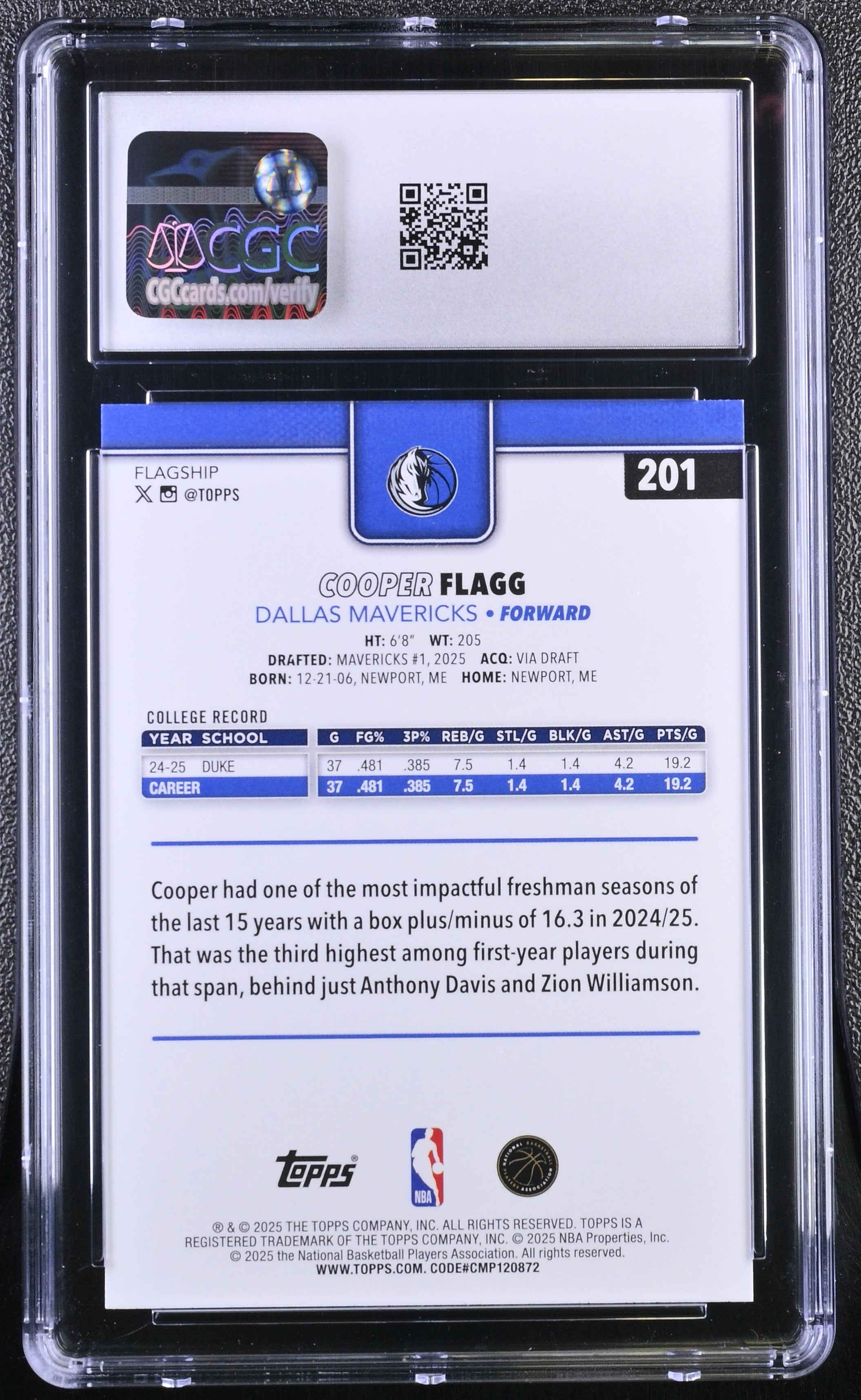 2025-26 Topps Cooper Flagg #201 CGC 9.5