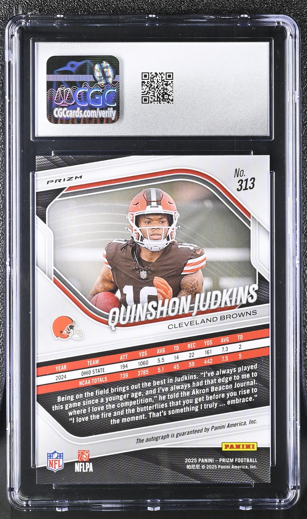 2025 Panini Prizm Quinshon Judkins No Huddle Rookie Auto #313 CGC 10 Browns