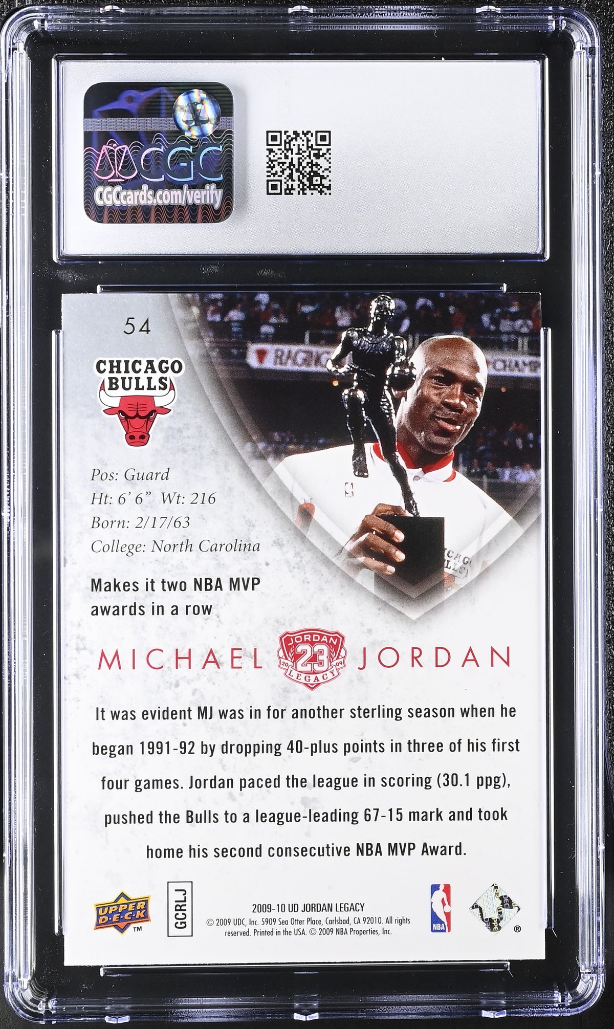 2009-10 Upper Deck Jordan Legacy Hof Michael Jordan #54 CGC 10 Chicago Bulls