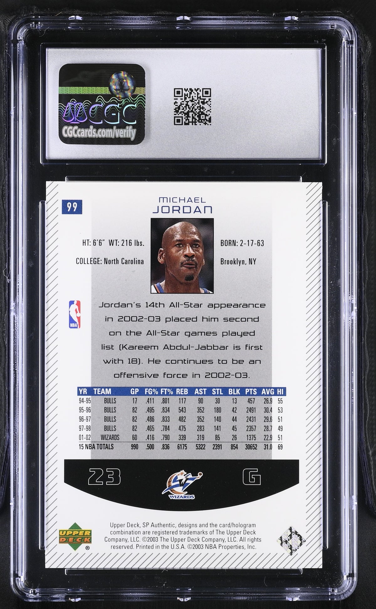 2002-03 SP Authentic Michael Jordan #99 CGC 9.5 Washington Wizards
