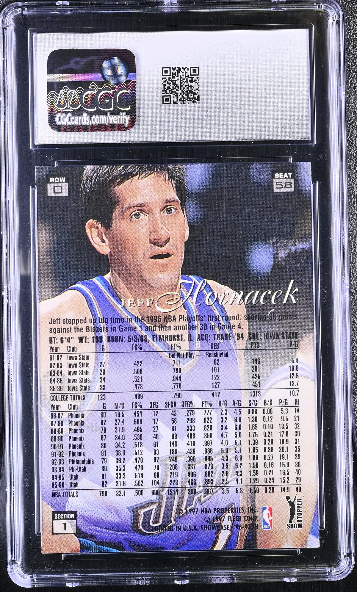 1996-97 Flair Showcase Jeff Hornacek Row 0 #58 CGC 9 Utah Jazz