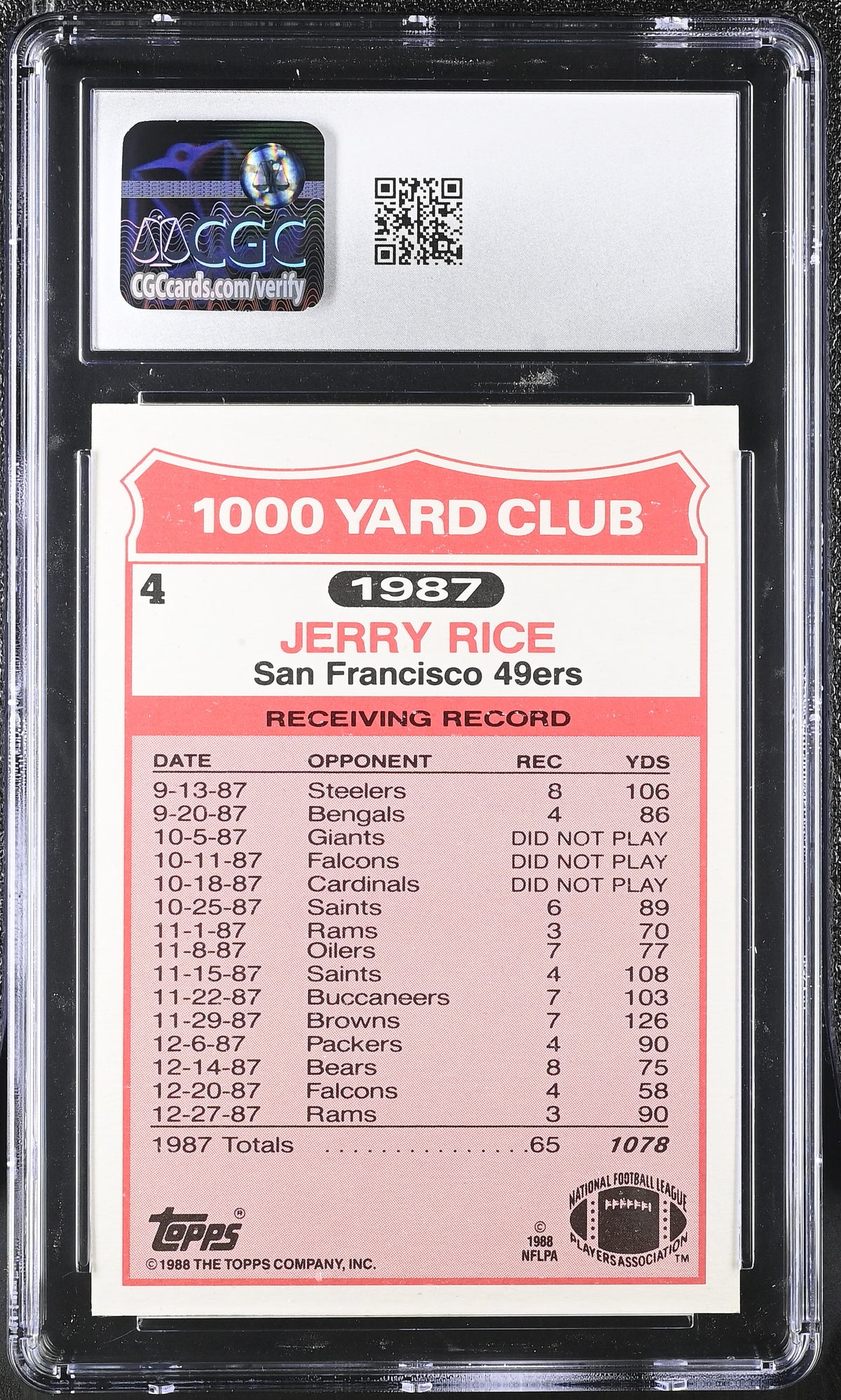 1988 Topps Jerry Rice 1000 Yard Club #4 CGC 9 San Francisco 49ers