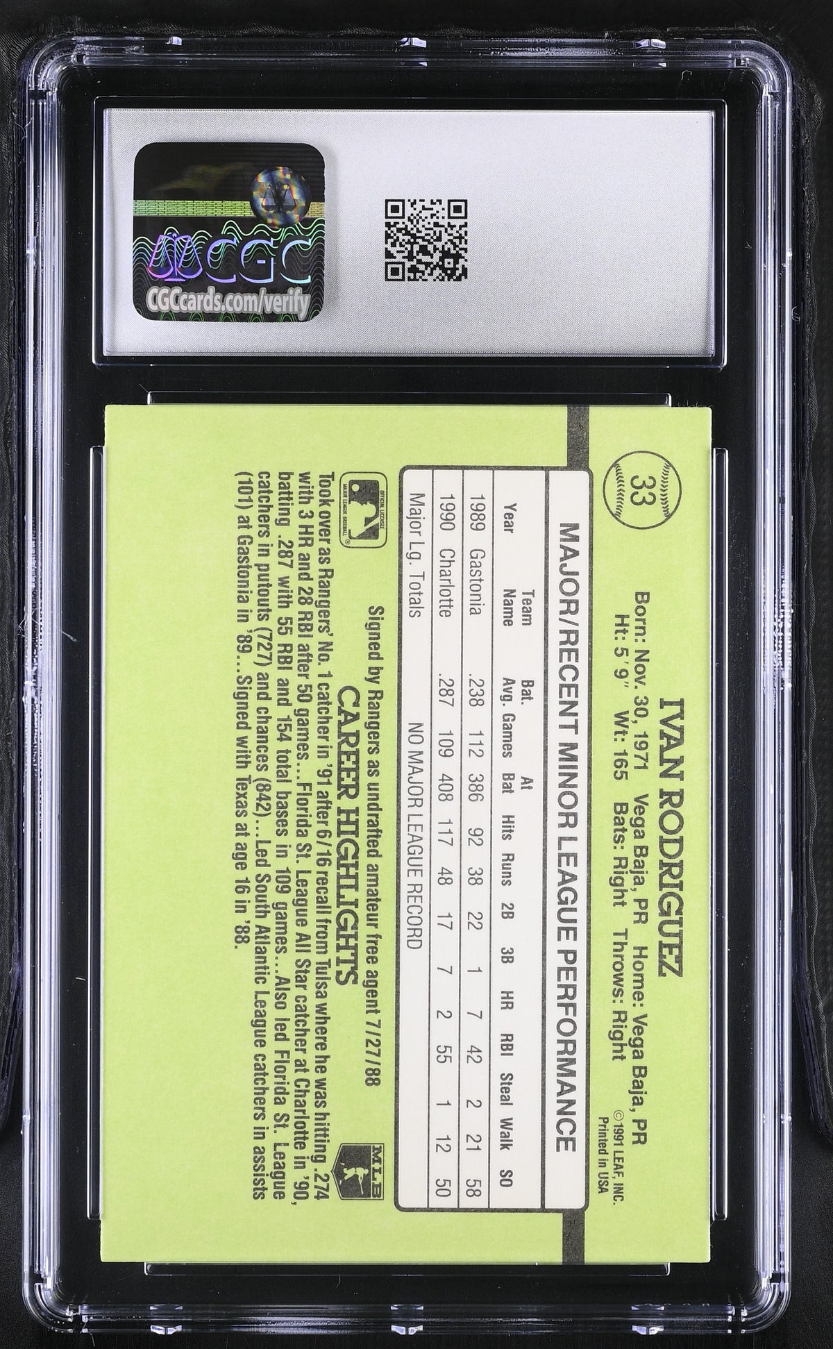 1991 Donruss The Rookies Ivan Rodriguez #33 CGC 9.5 Texas Rangers