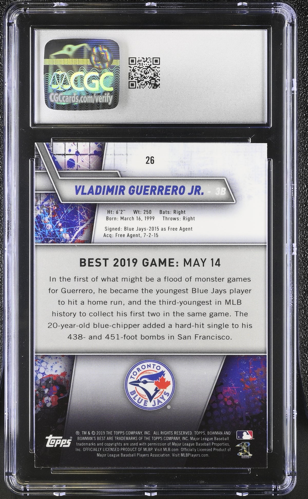 2019 Best Vladimir Guerrero Jr. Rookie #26 CGC 10 Toronto Blue Jays