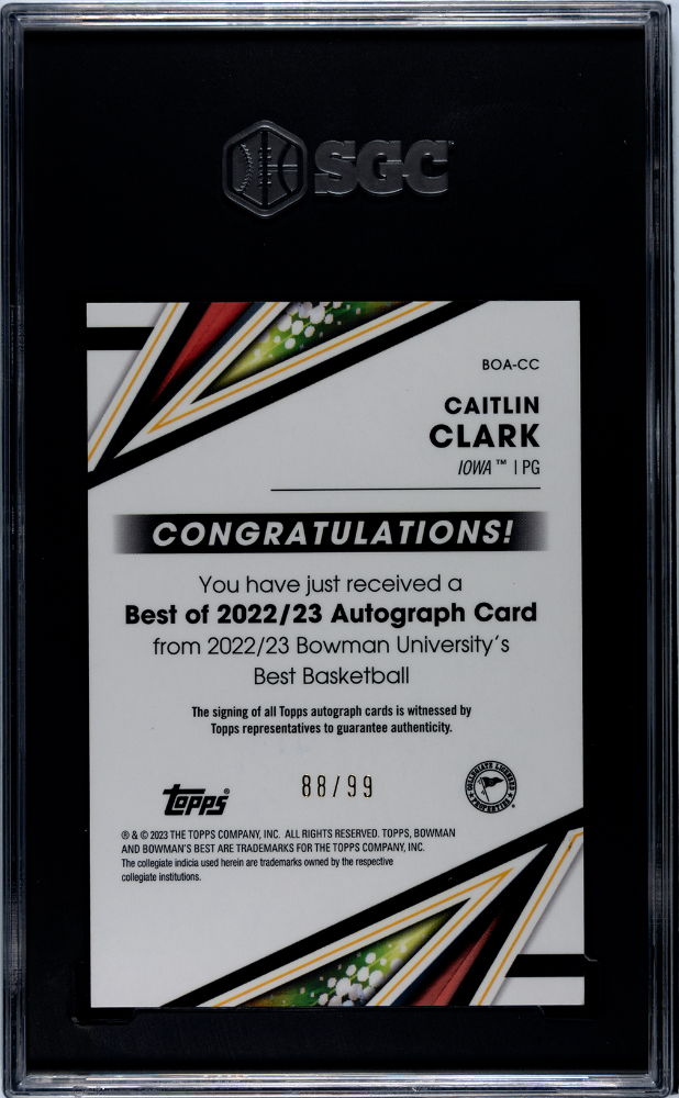 2022 Bowman University Best Caitlin Clark Auto Green Refractor /99 Rookie SGC 10
