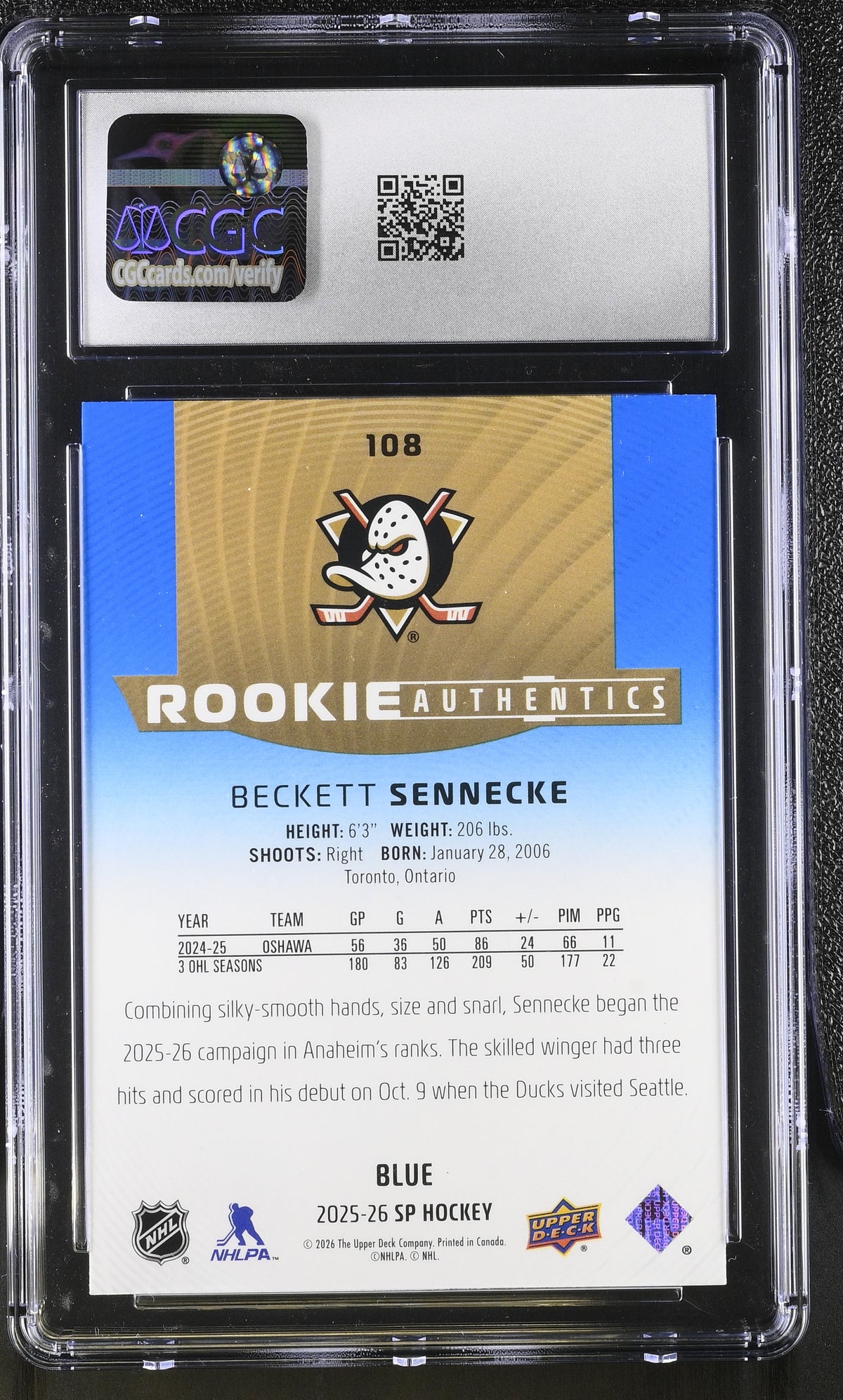 2025-26 SP Beckett Sennecke Blue Rookie #108 CGC 10 Anaheim Ducks