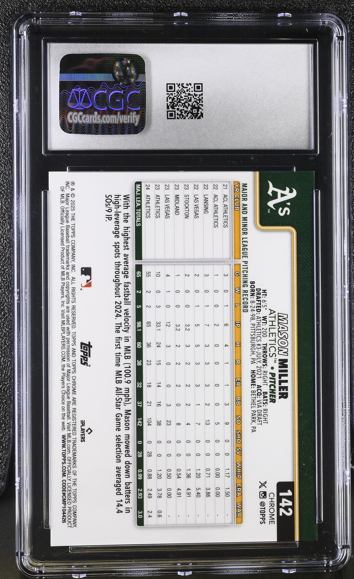 2025 Topps Chrome Mason Miller Orange Lava Refractor /25 #142 CGC 9 Athletics